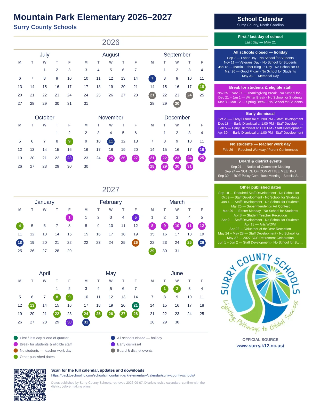 Mountain Park Elementary  printable calendar