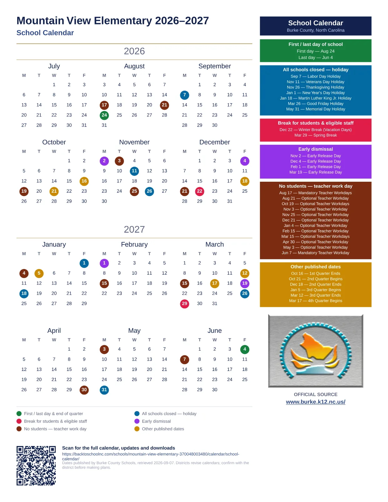 Mountain View Elementary 2026–2027 printable calendar
