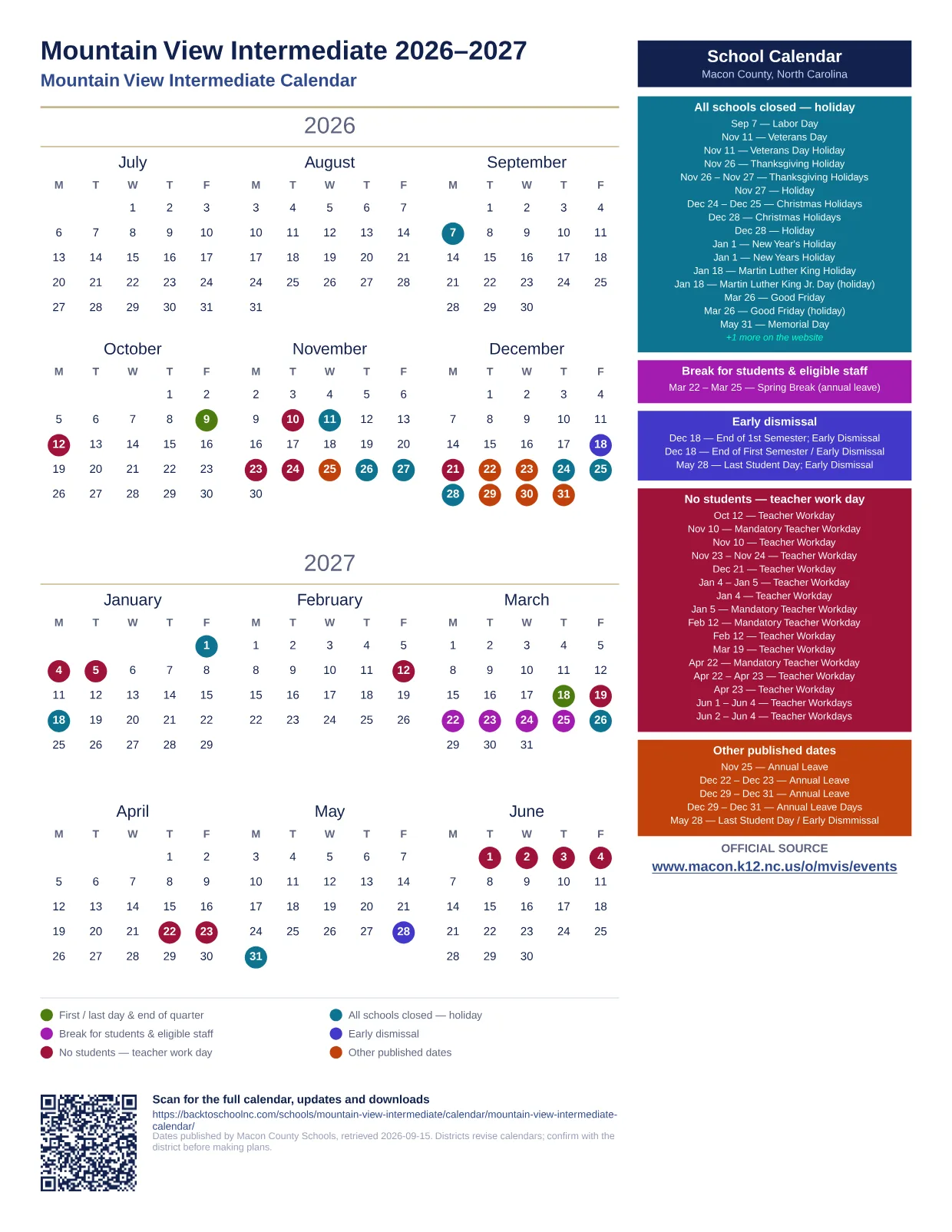 Mountain View Intermediate  printable calendar