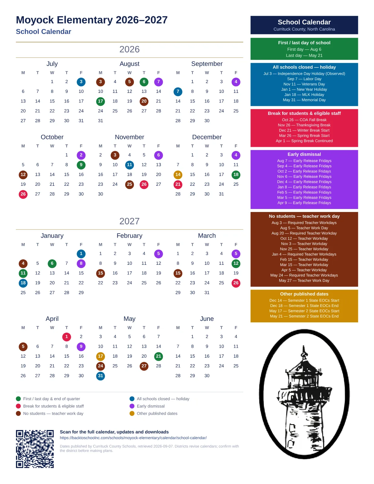 Moyock Elementary 2026–2027 printable calendar