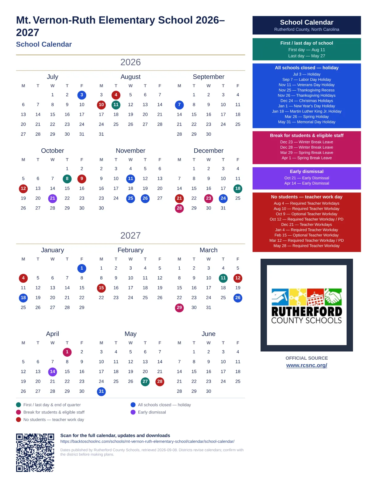 Mt. Vernon-Ruth Elementary School 2026–2027 printable calendar