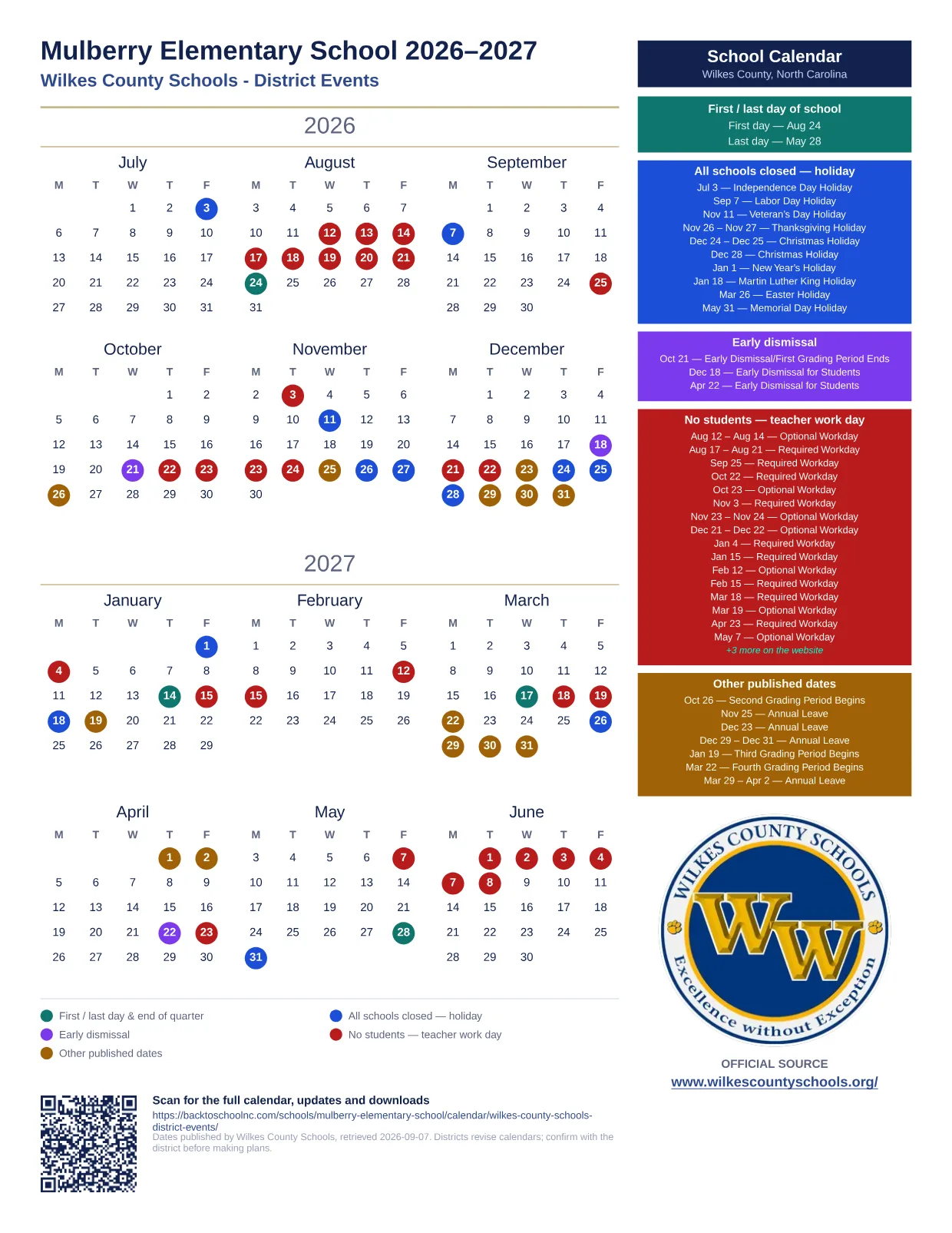 Mulberry Elementary School 2026–2027 printable calendar