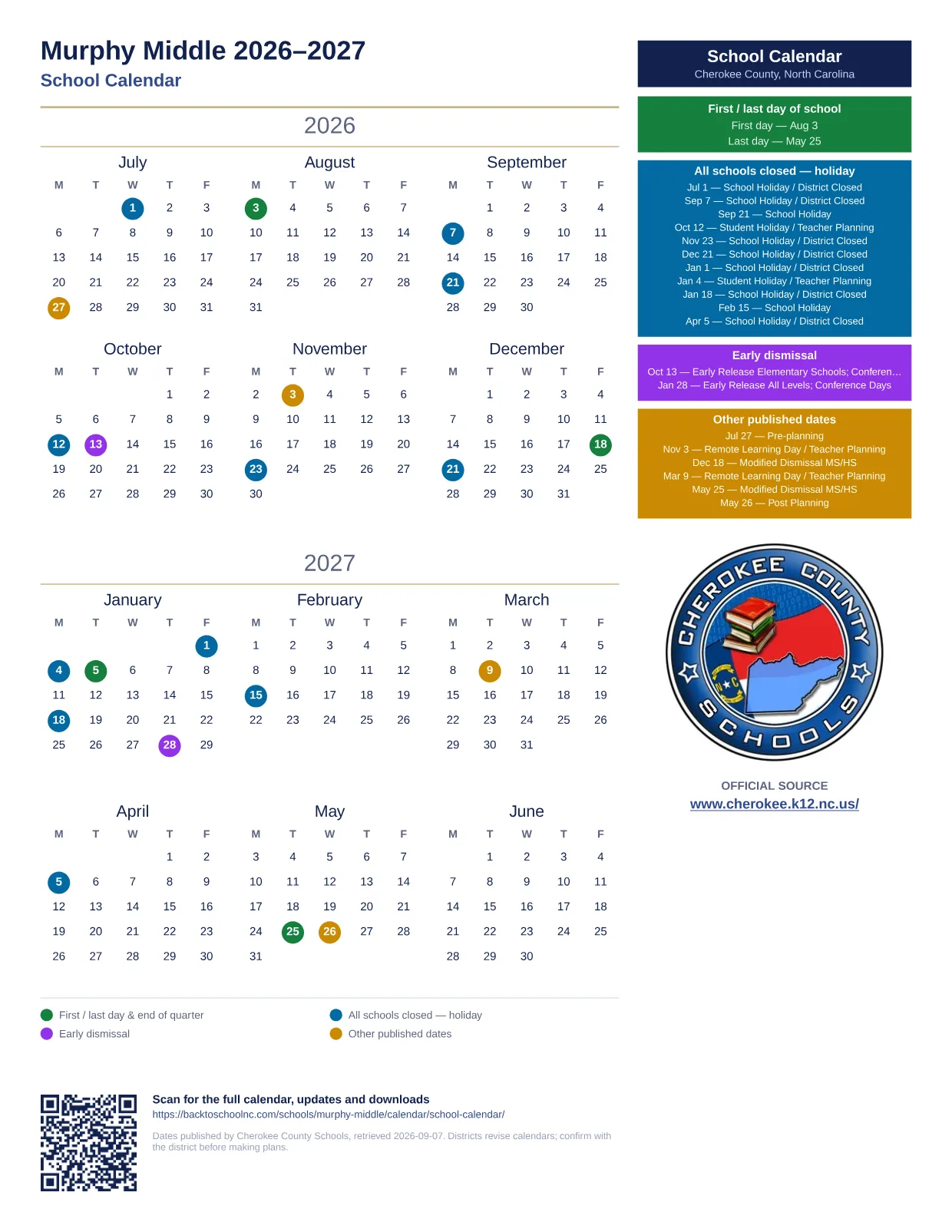 Murphy Middle 2026–2027 printable calendar