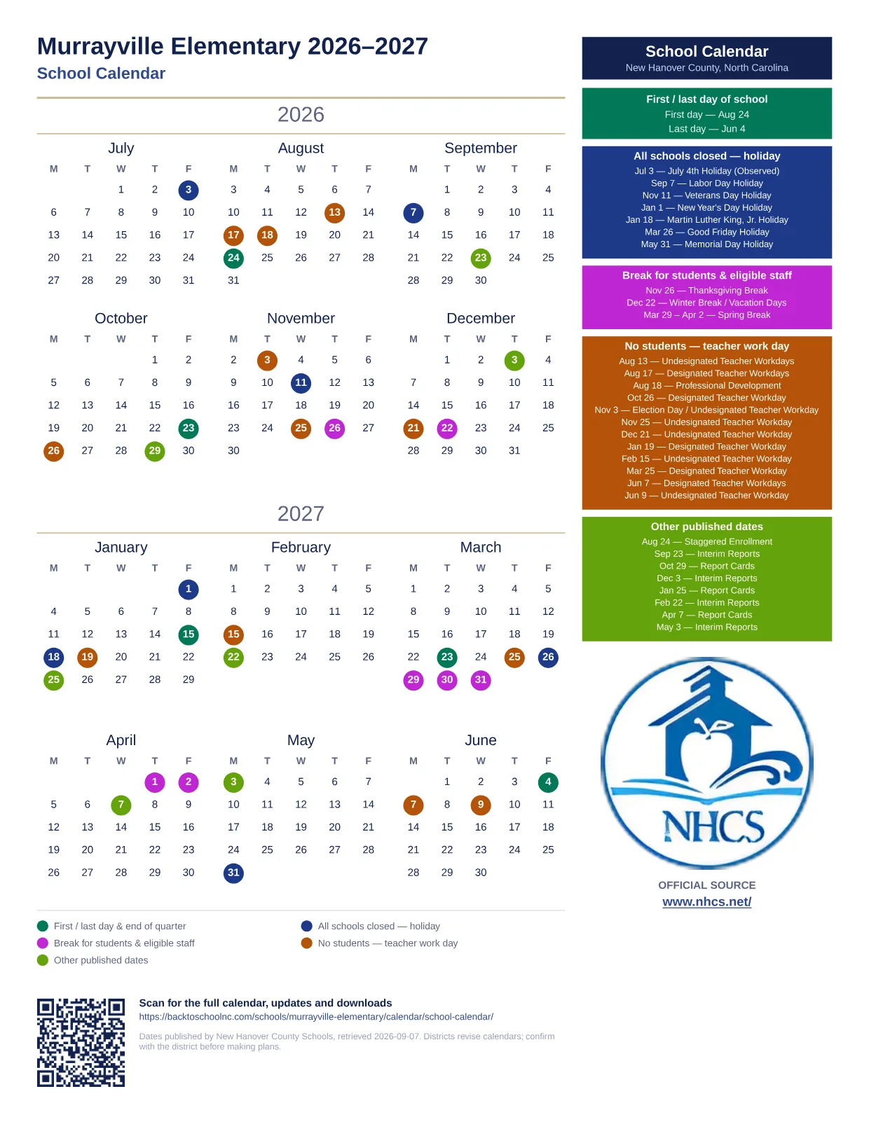 Murrayville Elementary 2026–2027 printable calendar