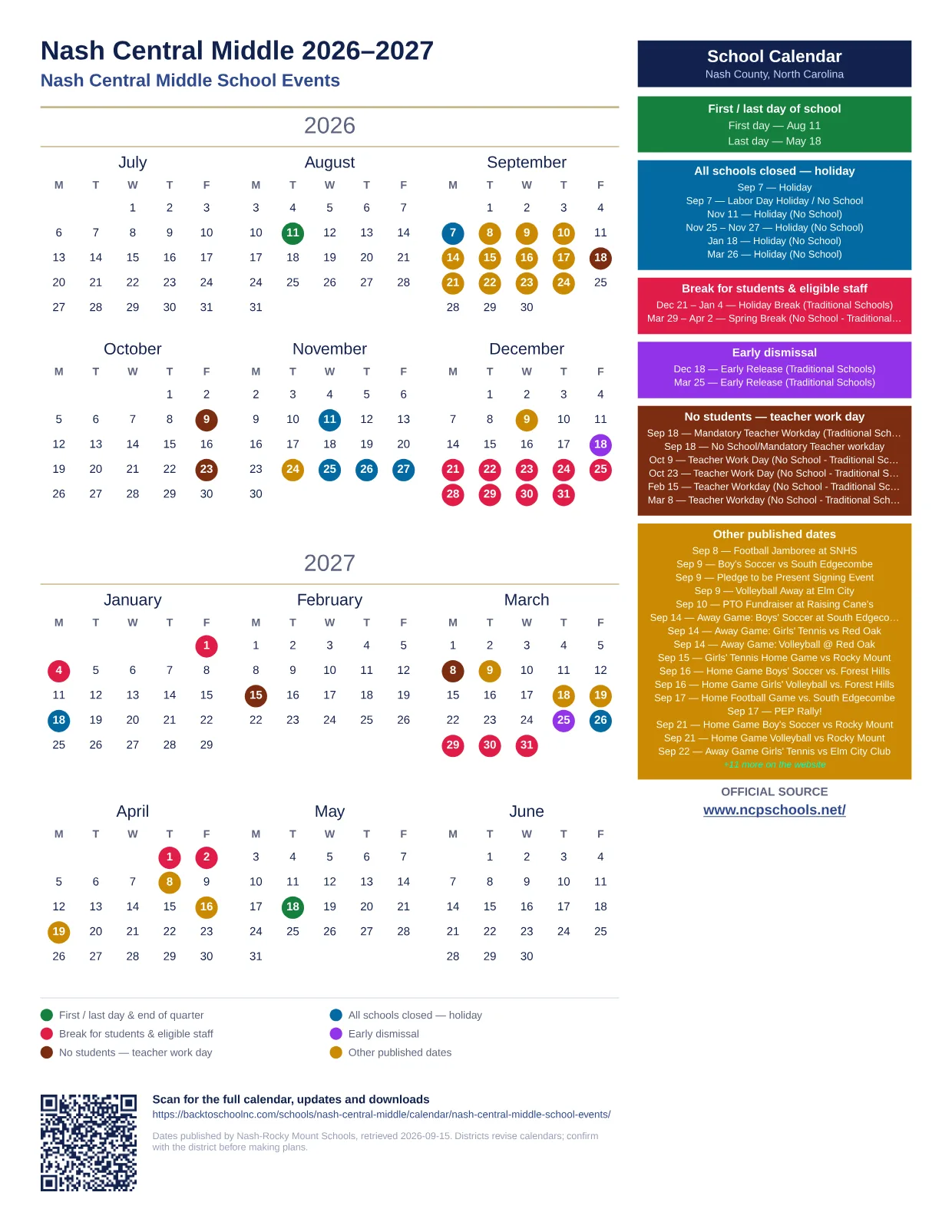 Nash Central Middle 2026–2027 printable calendar