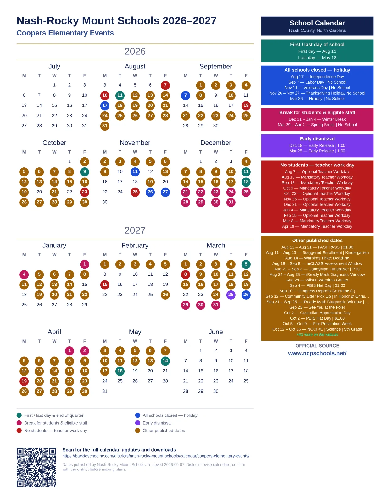 Nash-Rocky Mount Schools Coopers Elementary Events 2026–2027 printable calendar