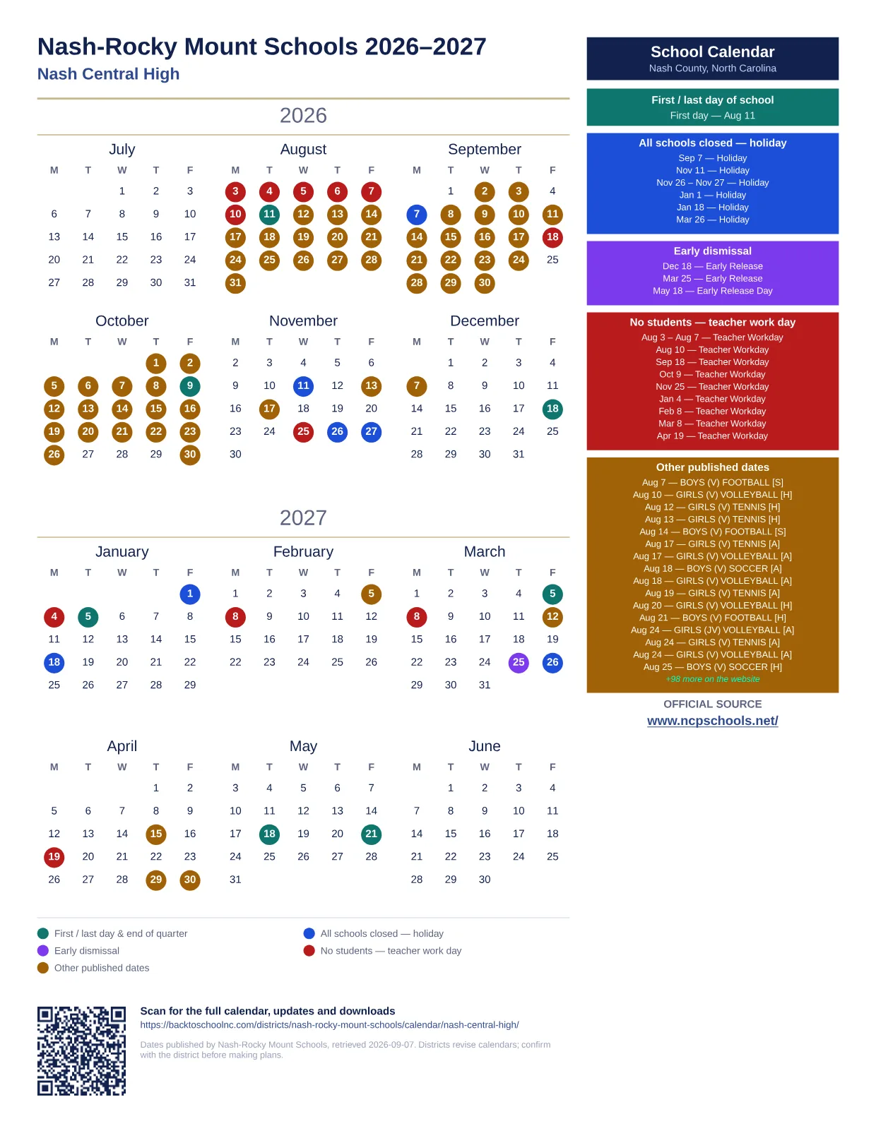 Nash-Rocky Mount Schools Nash Central High 2026–2027 printable calendar