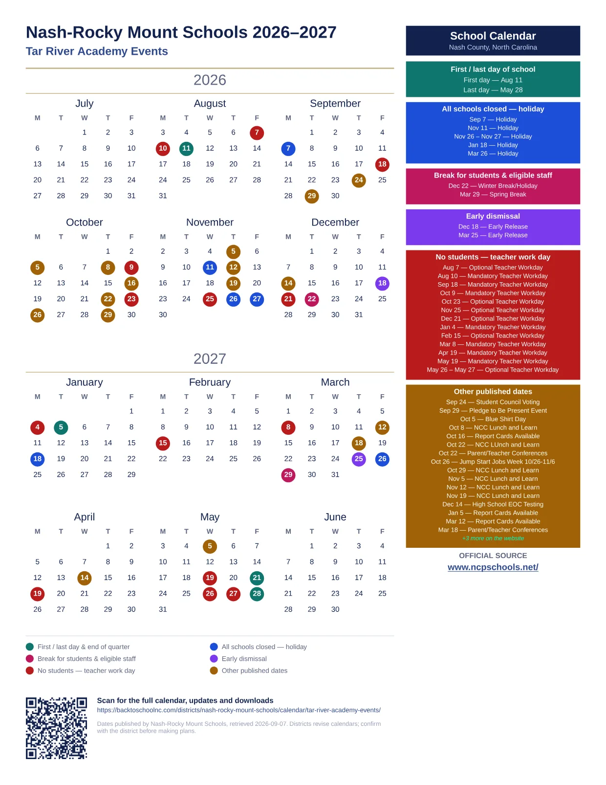 Nash-Rocky Mount Schools Tar River Academy Events 2026–2027 printable calendar