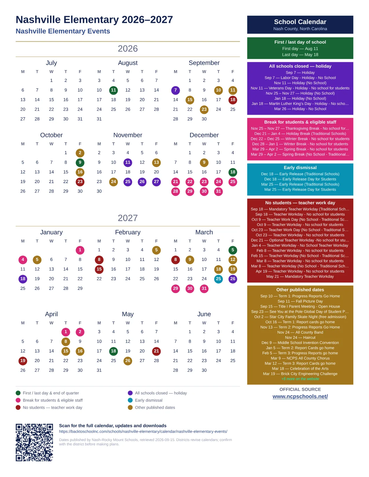 Nashville Elementary 2026–2027 printable calendar