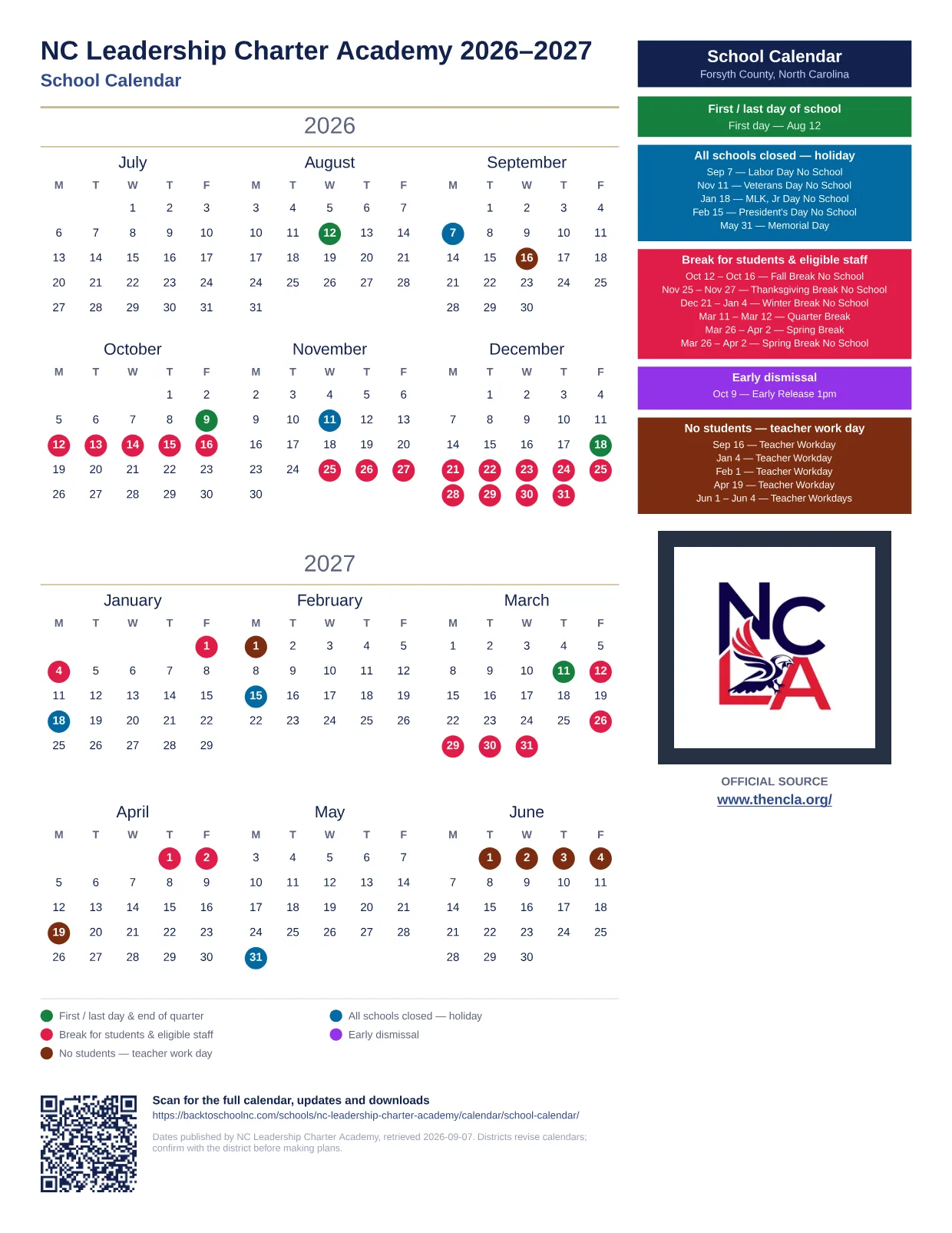 NC Leadership Charter Academy School Calendar 2026–2027 printable calendar