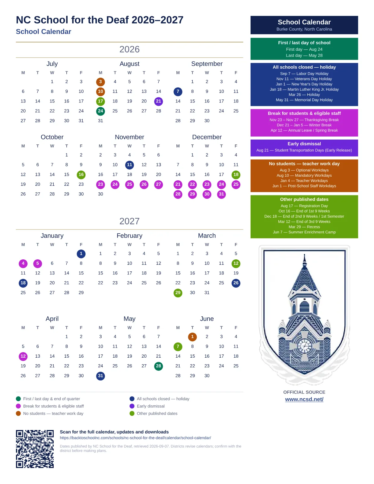 NC School for the Deaf School Calendar 2026–2027 printable calendar