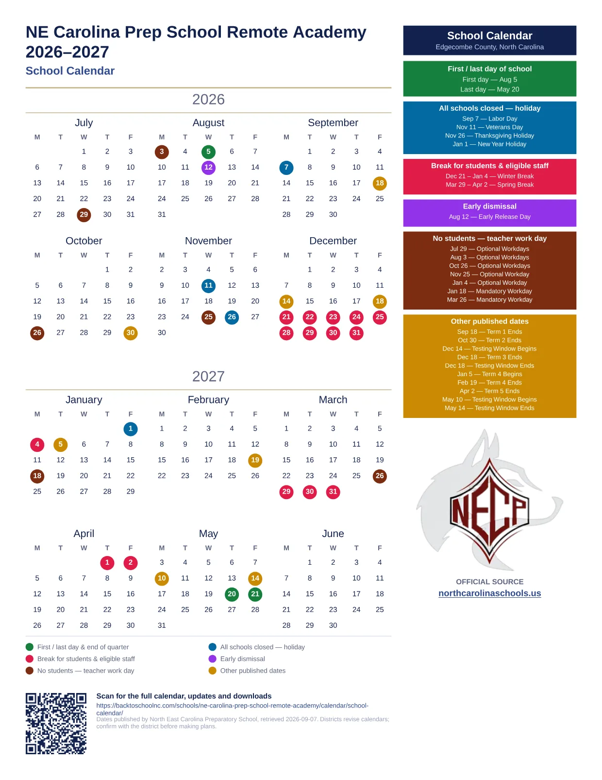 NE Carolina Prep School Remote Academy 2026–2027 printable calendar