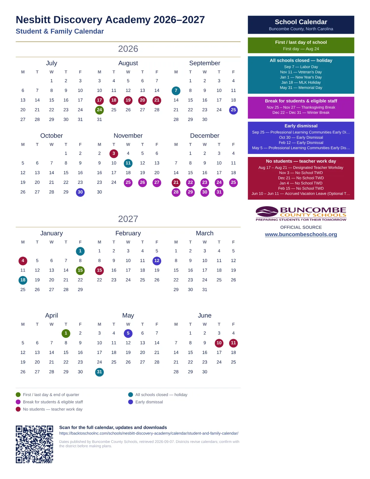 Nesbitt Discovery Academy  printable calendar