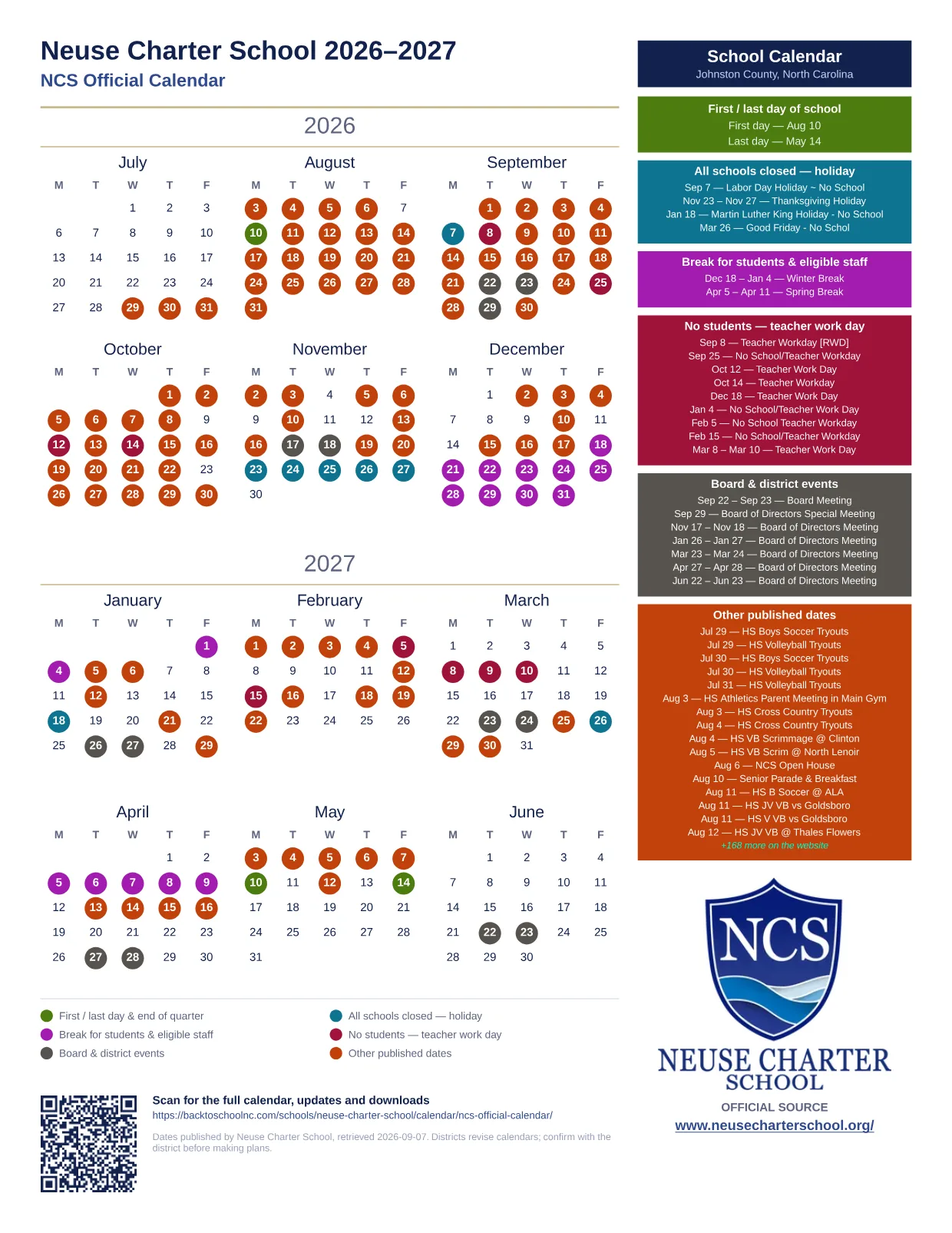 Neuse Charter School NCS Official Calendar 2026–2027 printable calendar