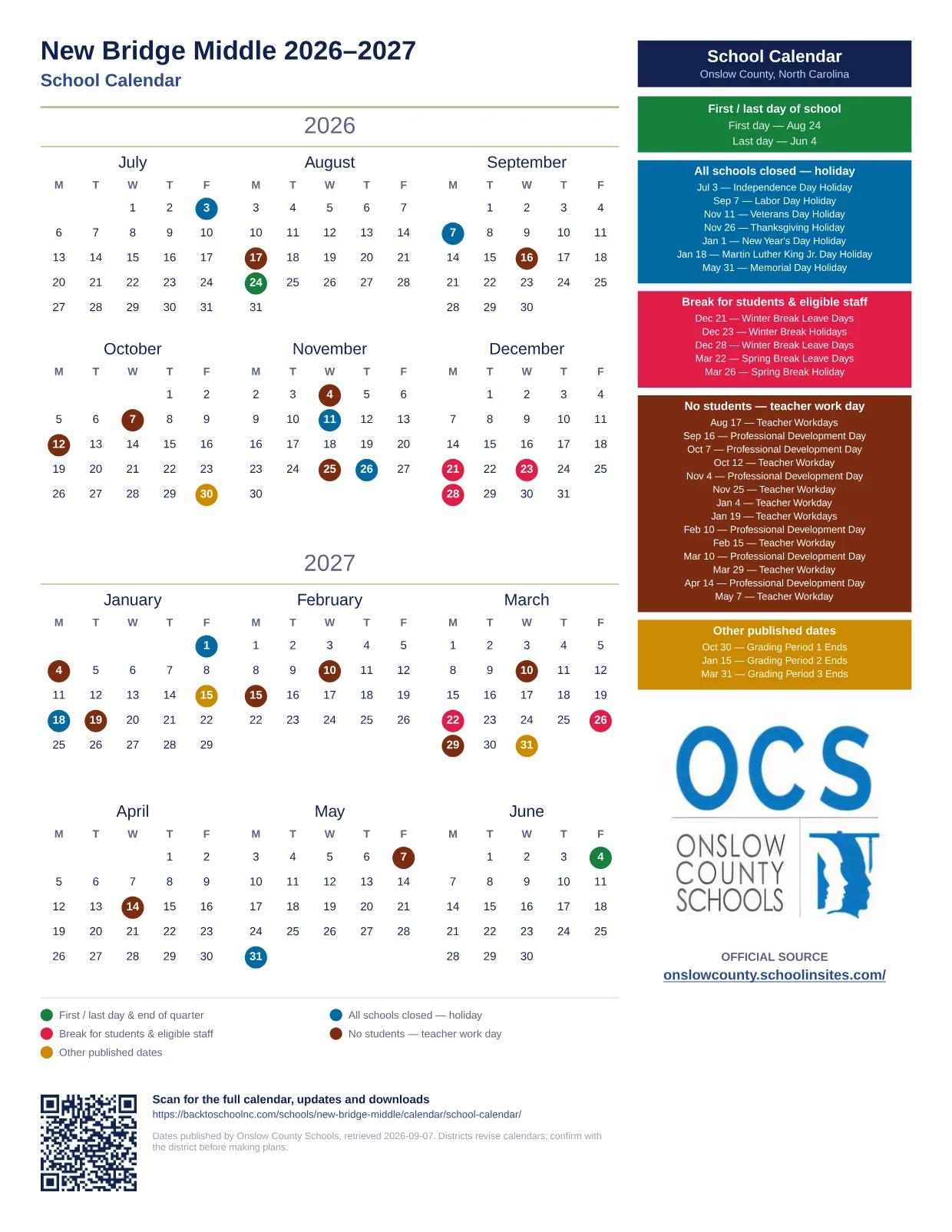New Bridge Middle 2026–2027 printable calendar