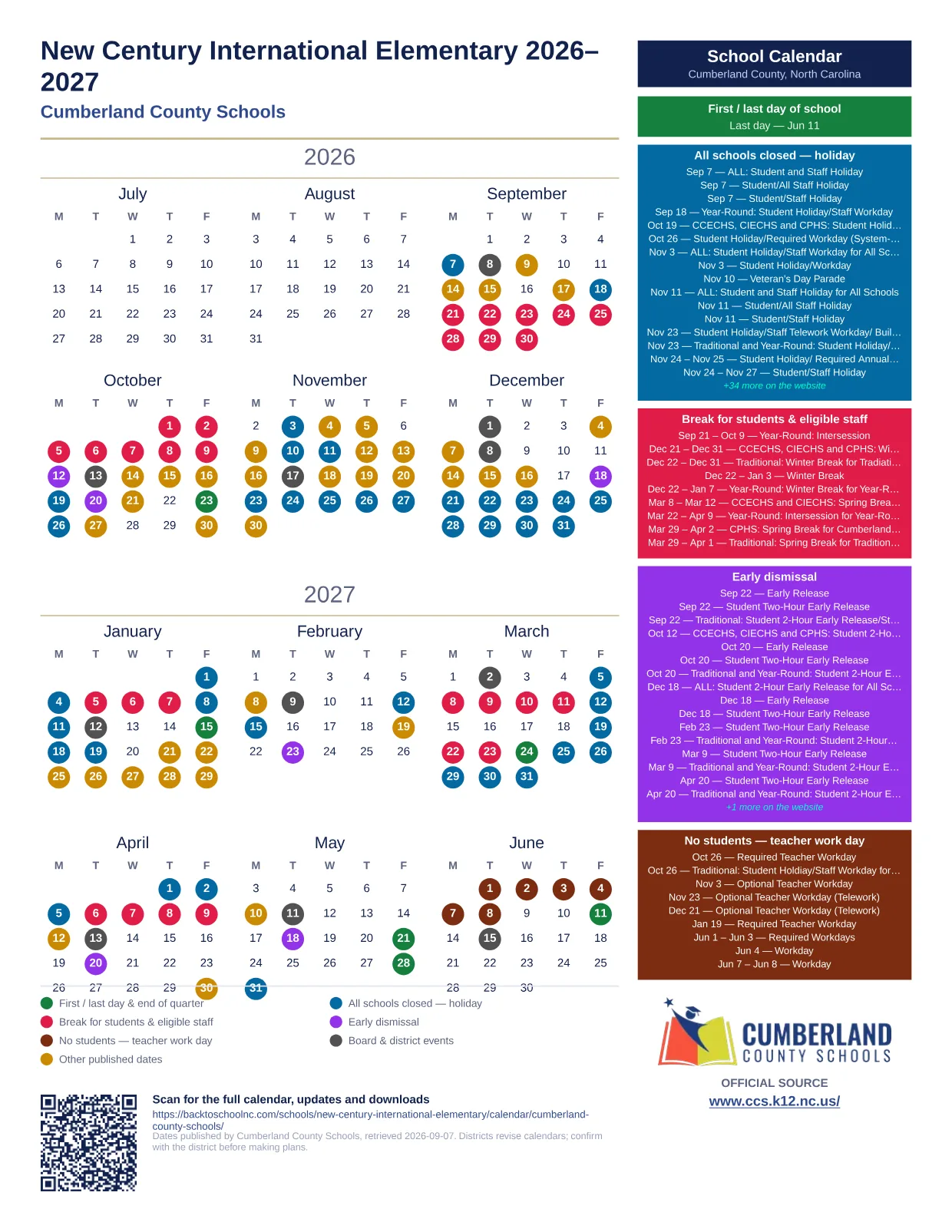 New Century International Elementary printable calendar