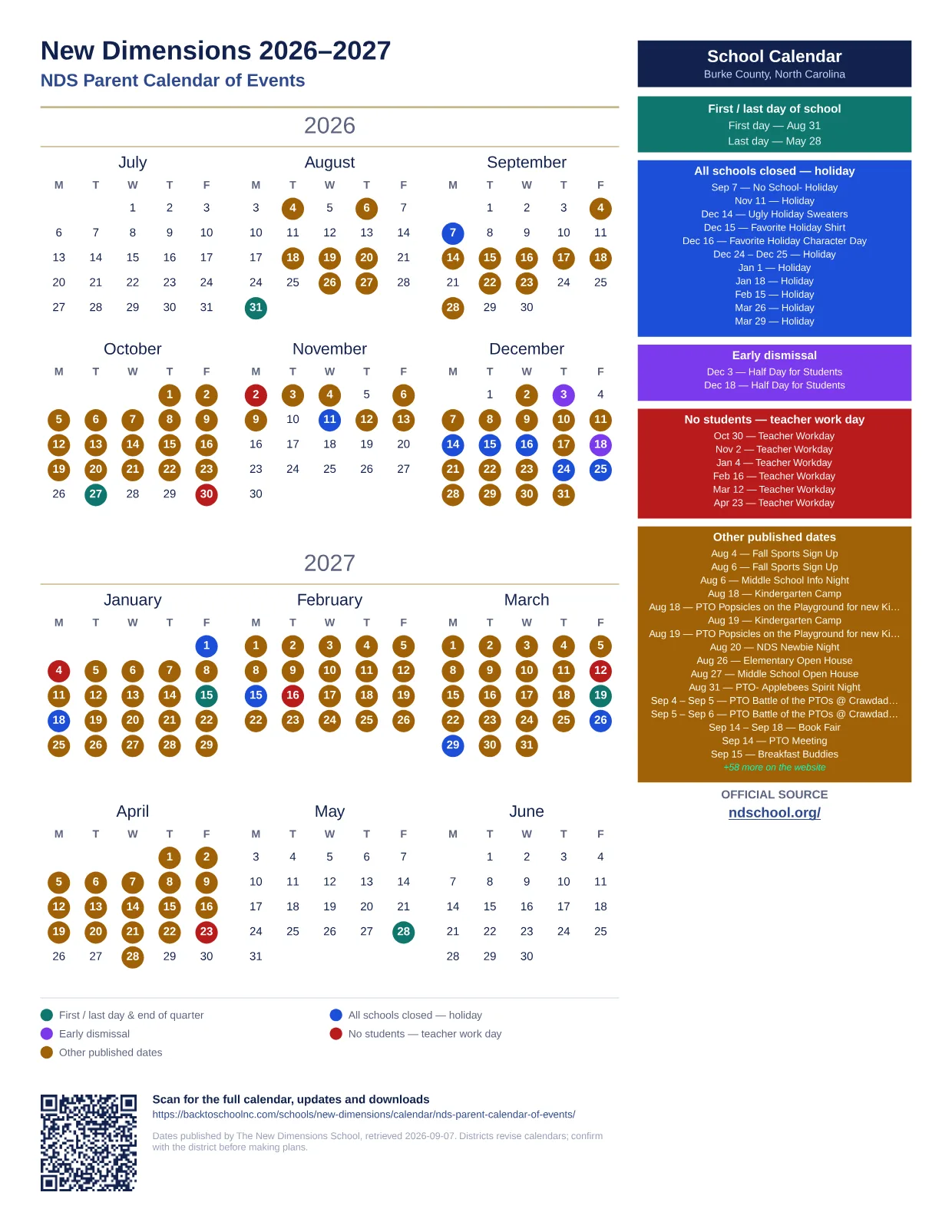 New Dimensions 2026–2027 printable calendar