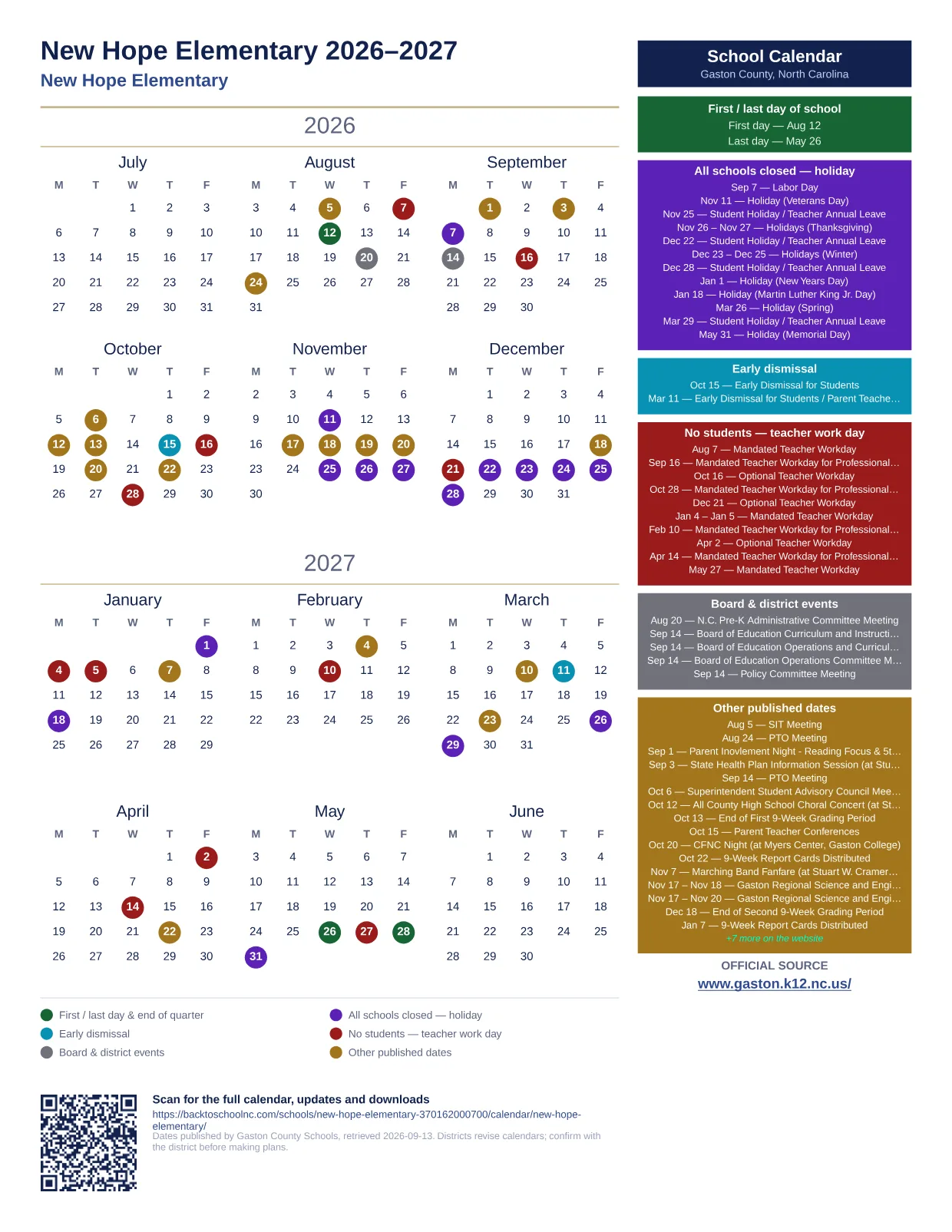New Hope Elementary 2026–2027 printable calendar