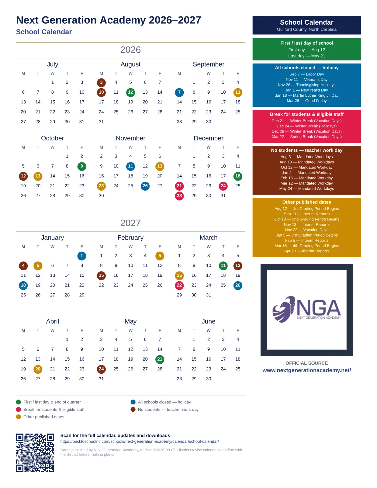 Next Generation Academy School Calendar 2026–2027 printable calendar