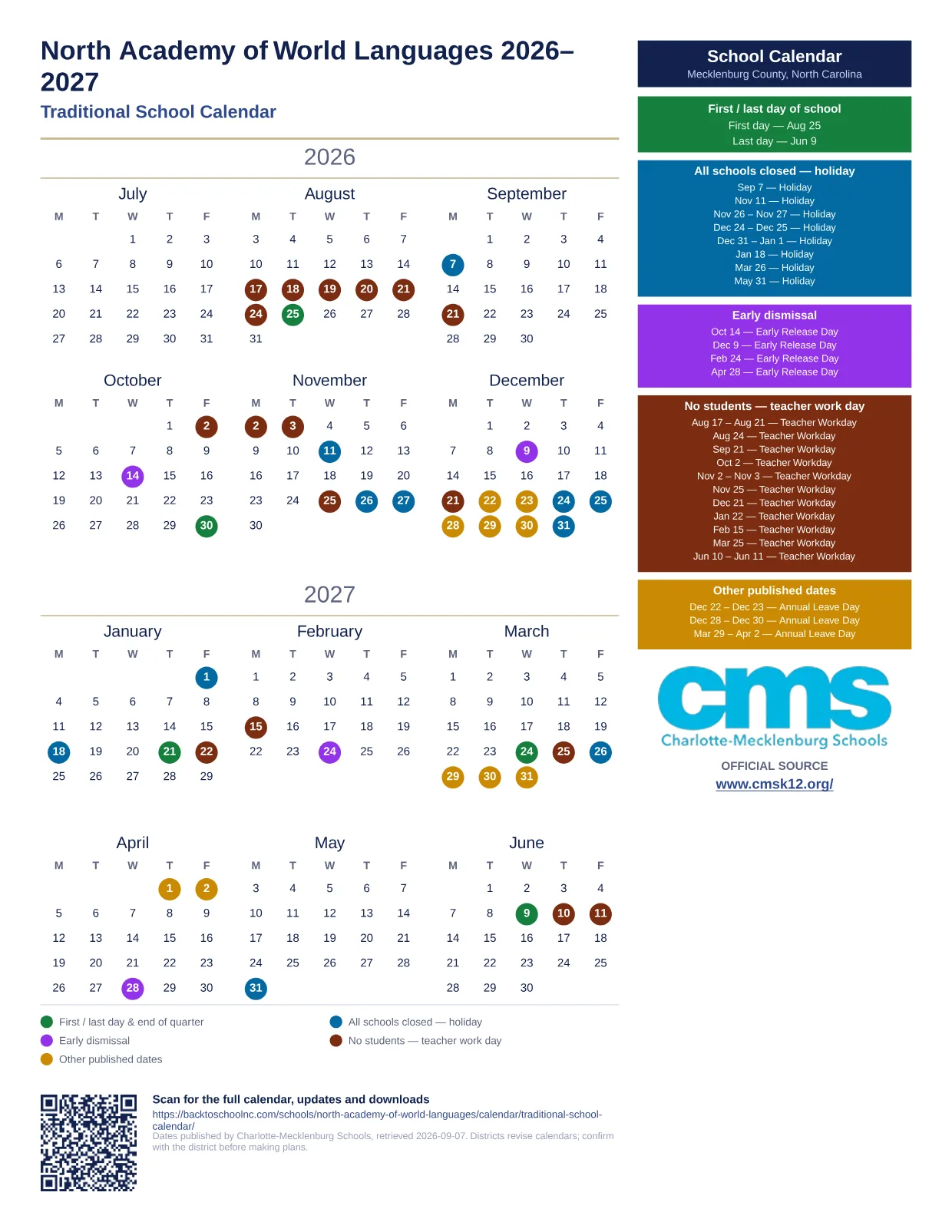 North Academy of World Languages 2026–2027 printable calendar