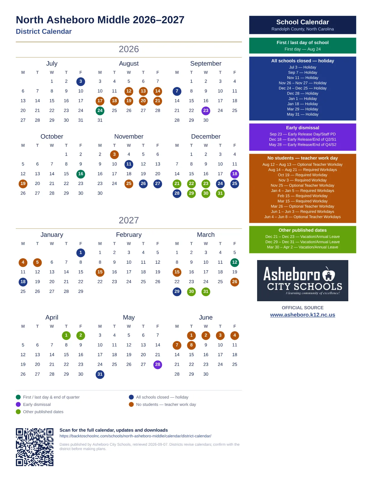 North Asheboro Middle 2026–2027 printable calendar