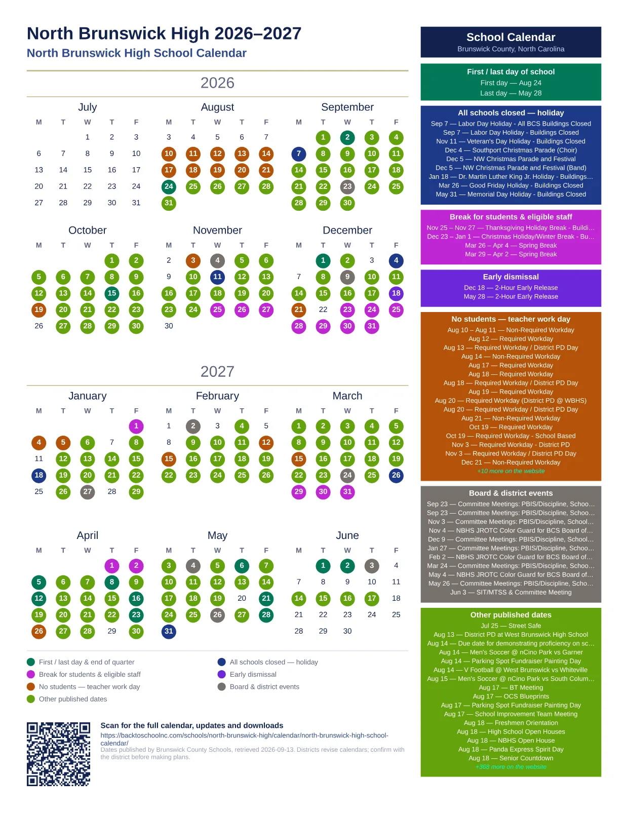 North Brunswick High 2026–2027 printable calendar