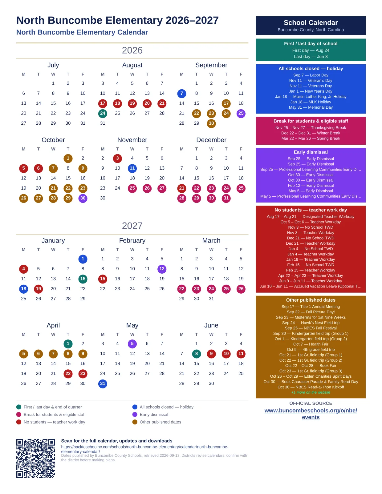 North Buncombe Elementary printable calendar