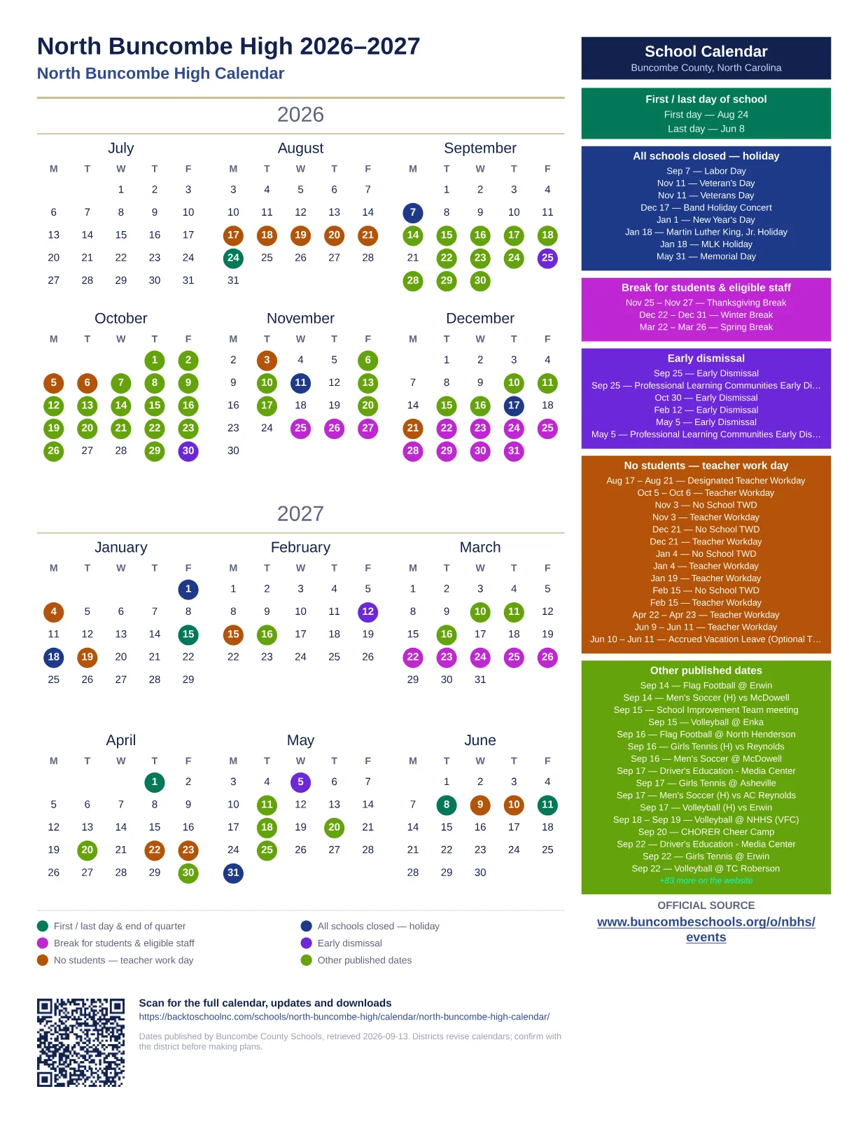 North Buncombe High  printable calendar