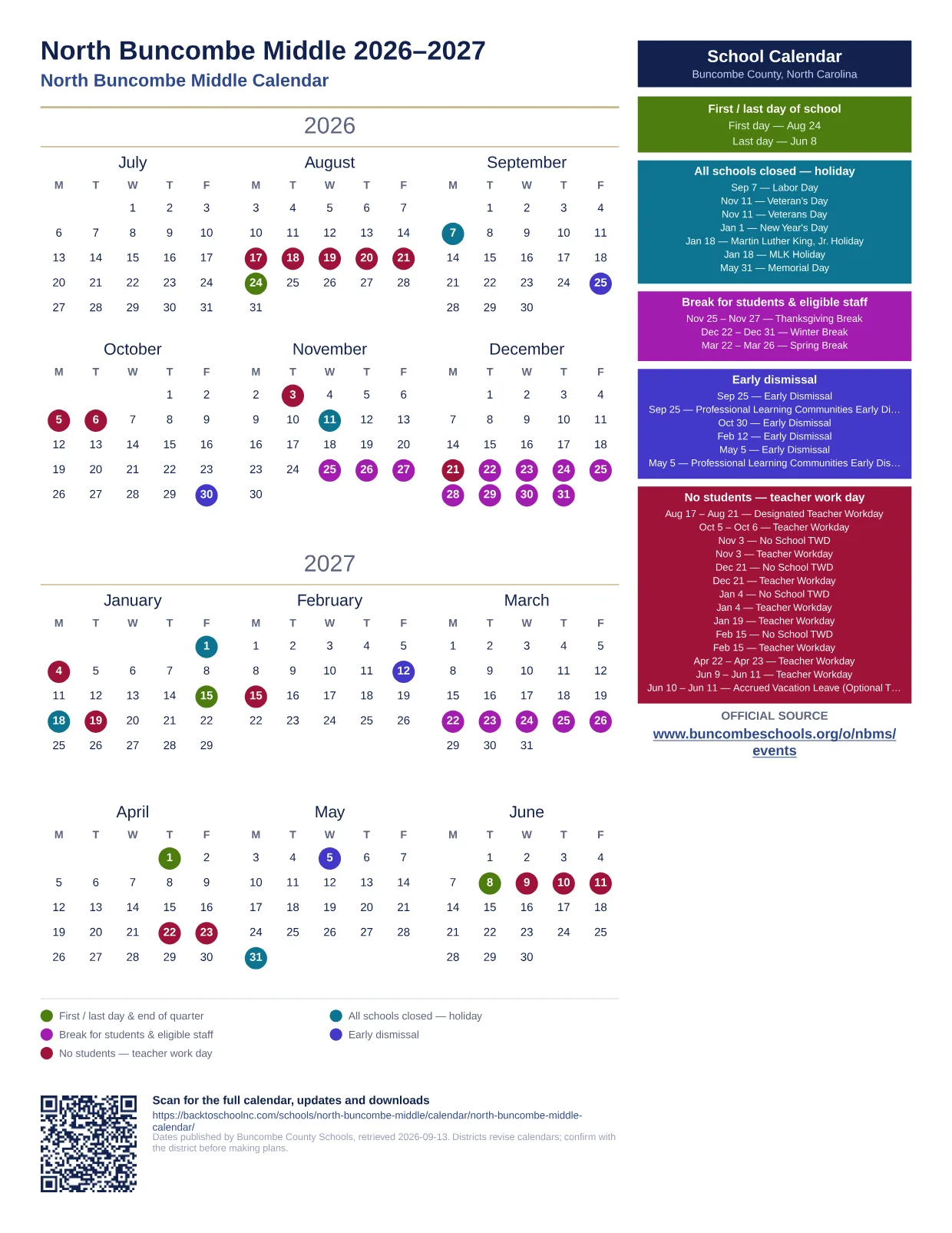 North Buncombe Middle  printable calendar