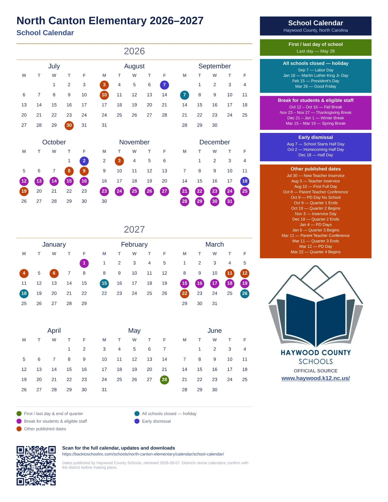 North Canton Elementary  printable calendar
