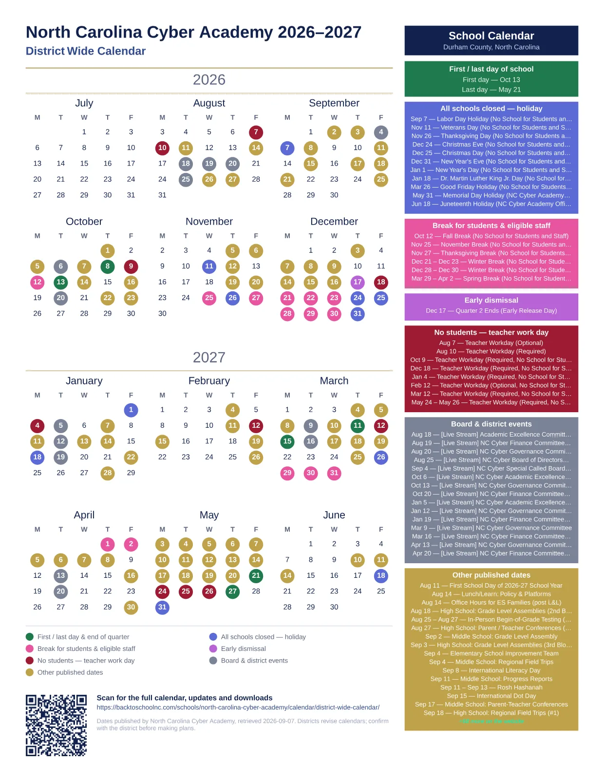 North Carolina Cyber Academy District Wide Calendar 2026–2027 printable calendar