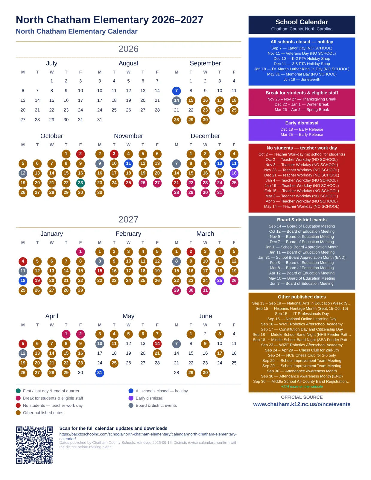 North Chatham Elementary  printable calendar