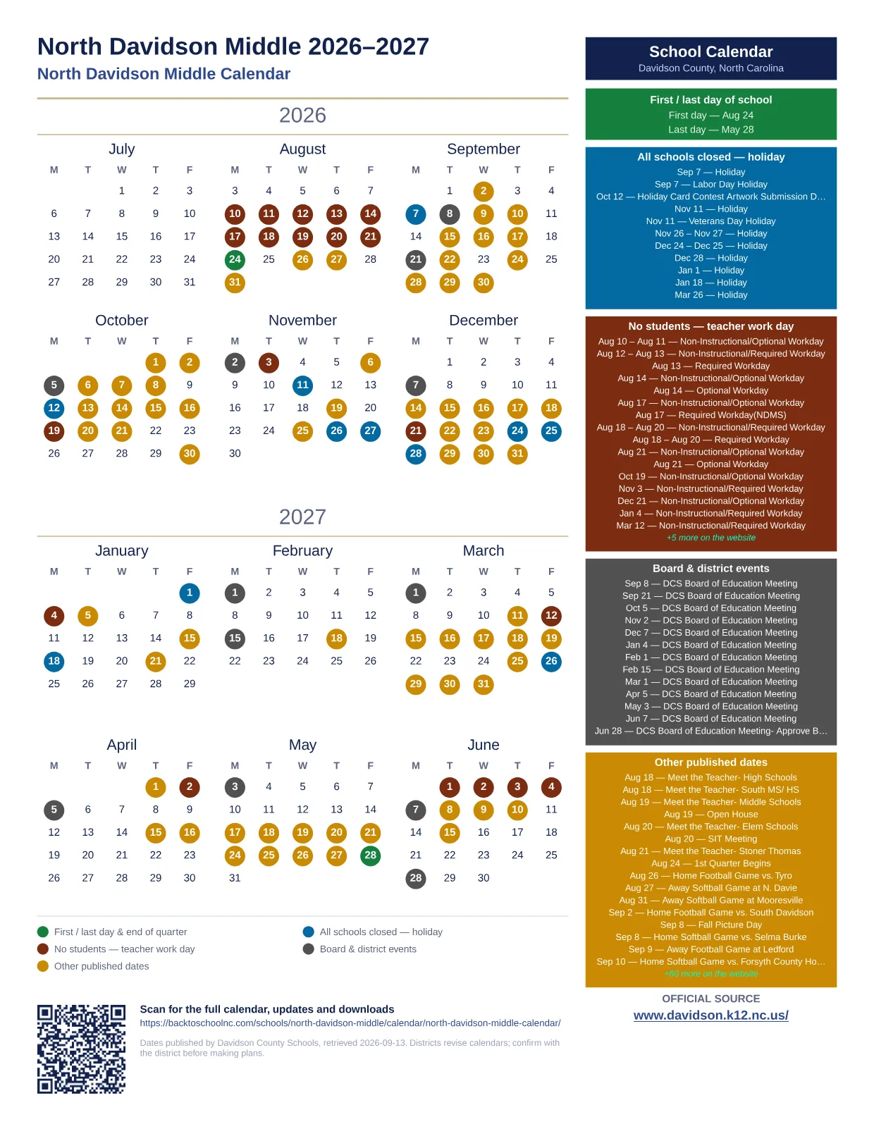 North Davidson Middle 2026–2027 printable calendar