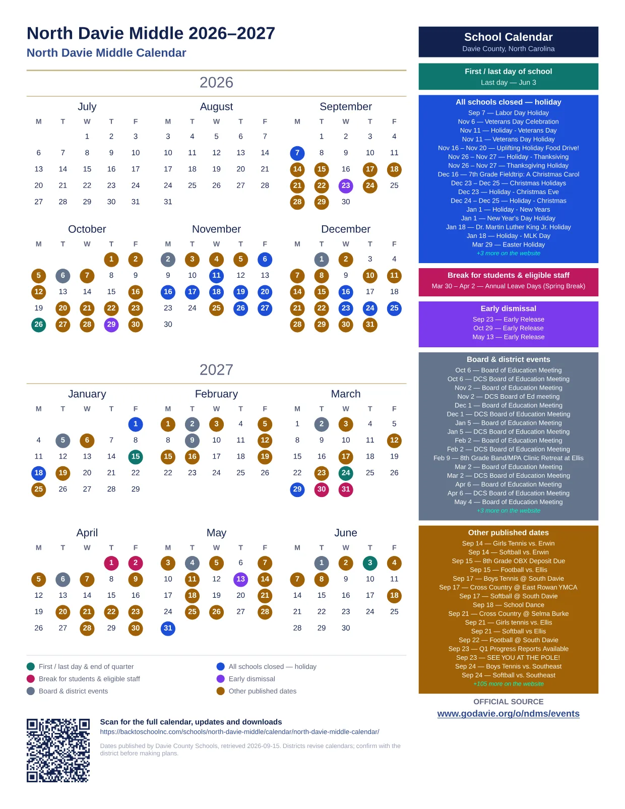 North Davie Middle  printable calendar