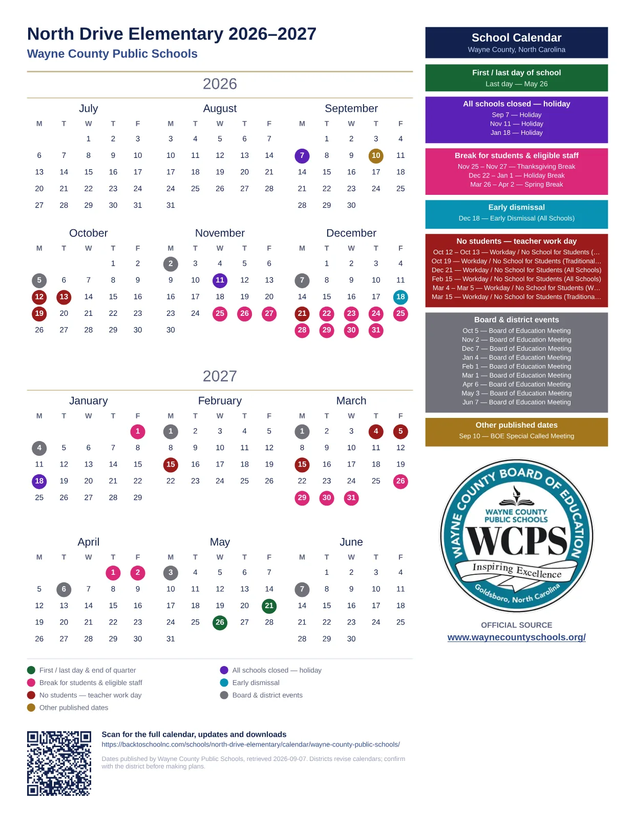 North Drive Elementary printable calendar