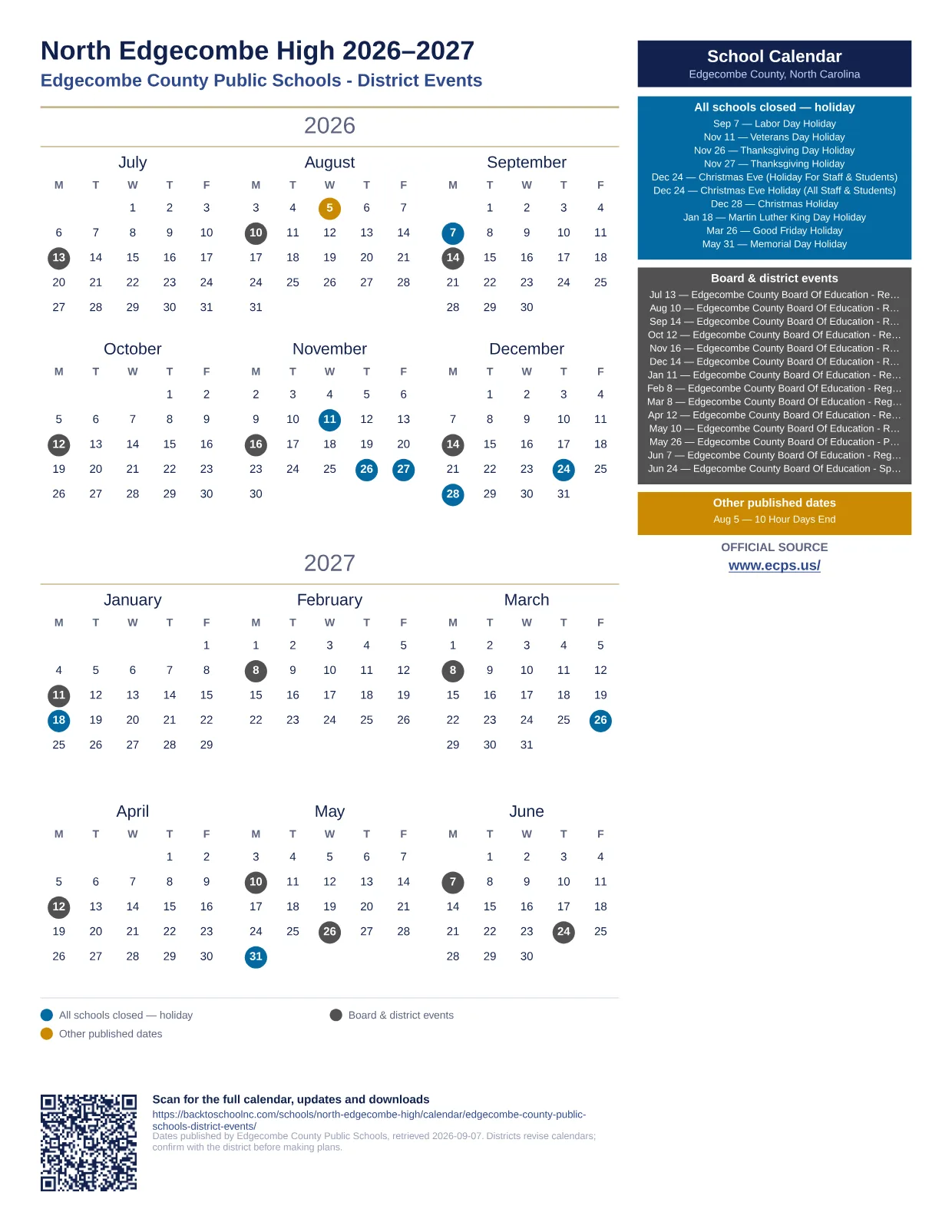 North Edgecombe High printable calendar