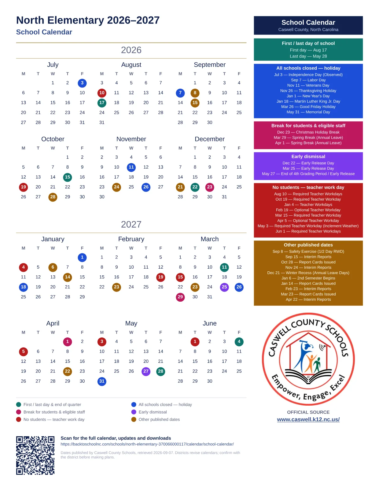 North Elementary 2026–2027 printable calendar