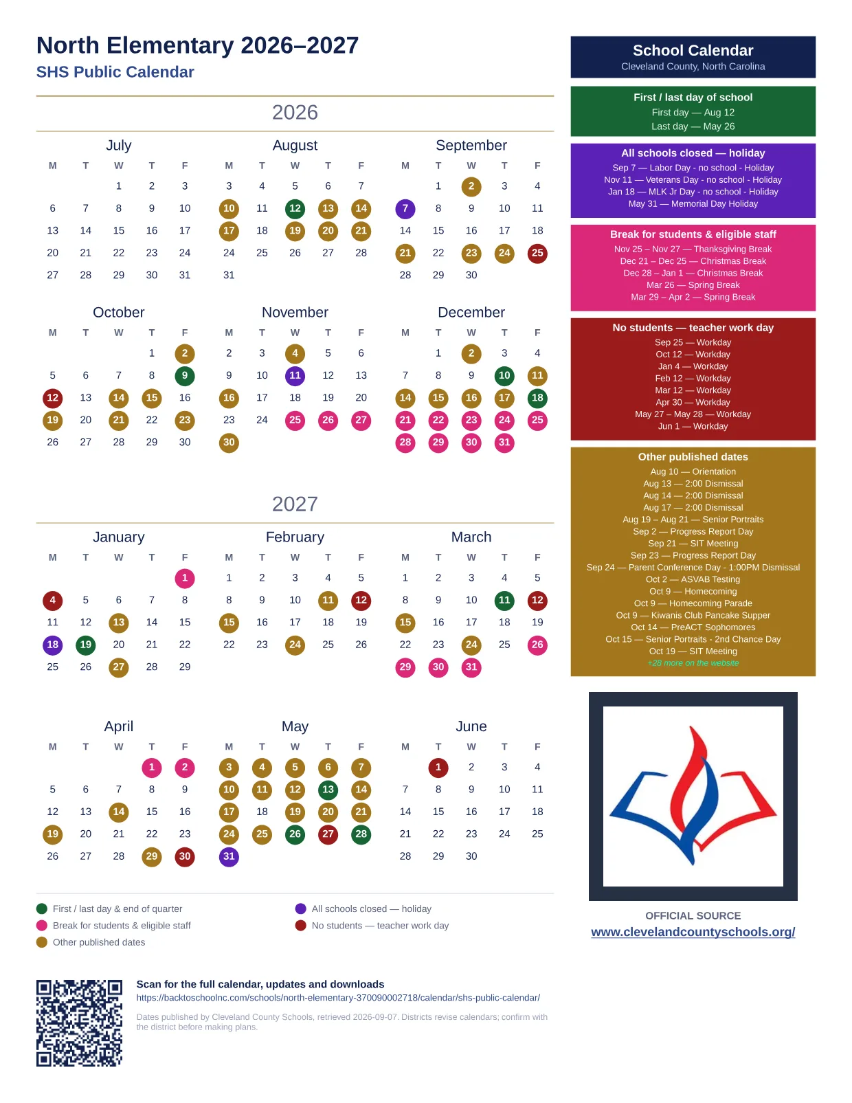 North Elementary 2026–2027 printable calendar