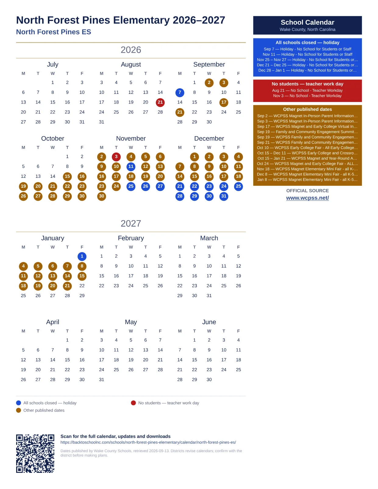 North Forest Pines Elementary  printable calendar