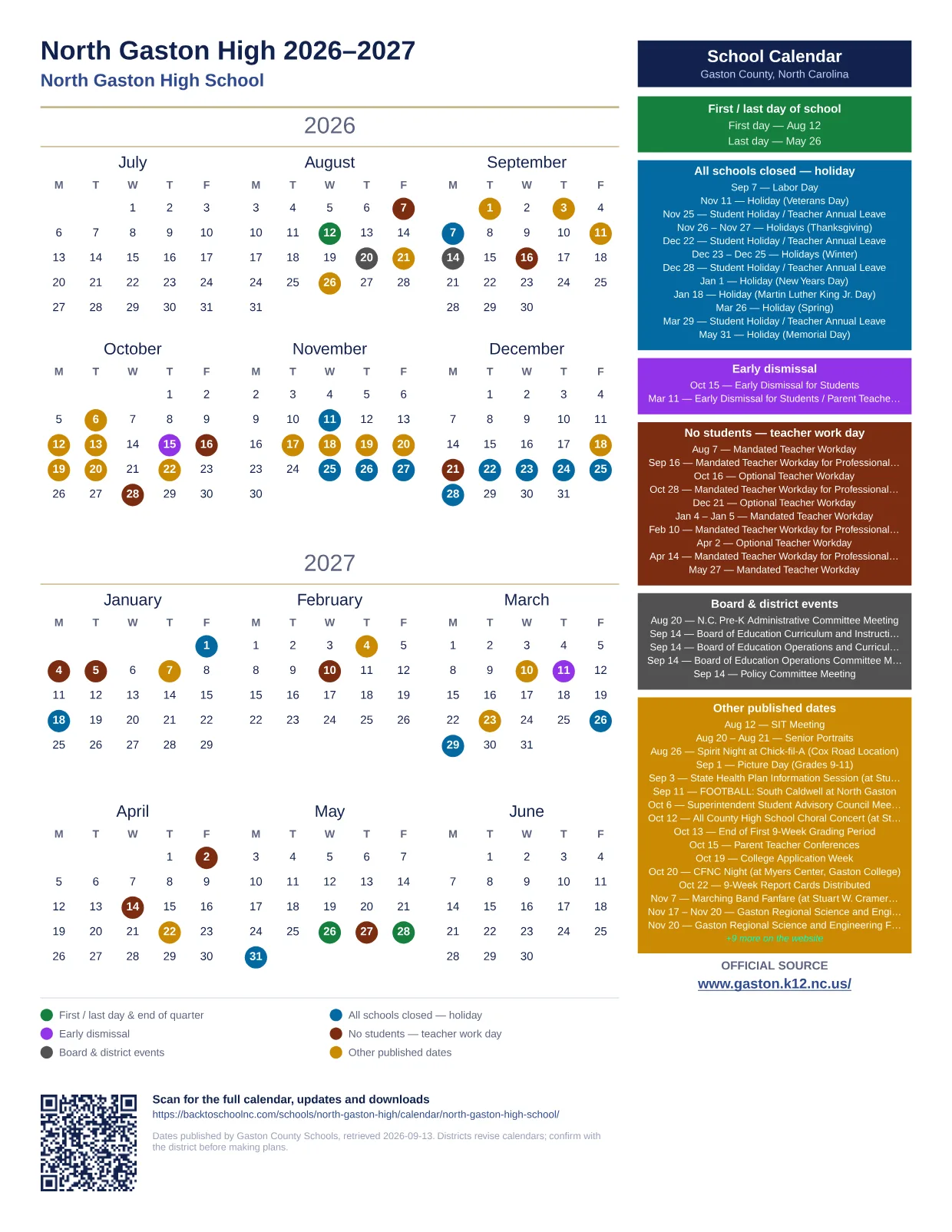 North Gaston High 2026–2027 printable calendar