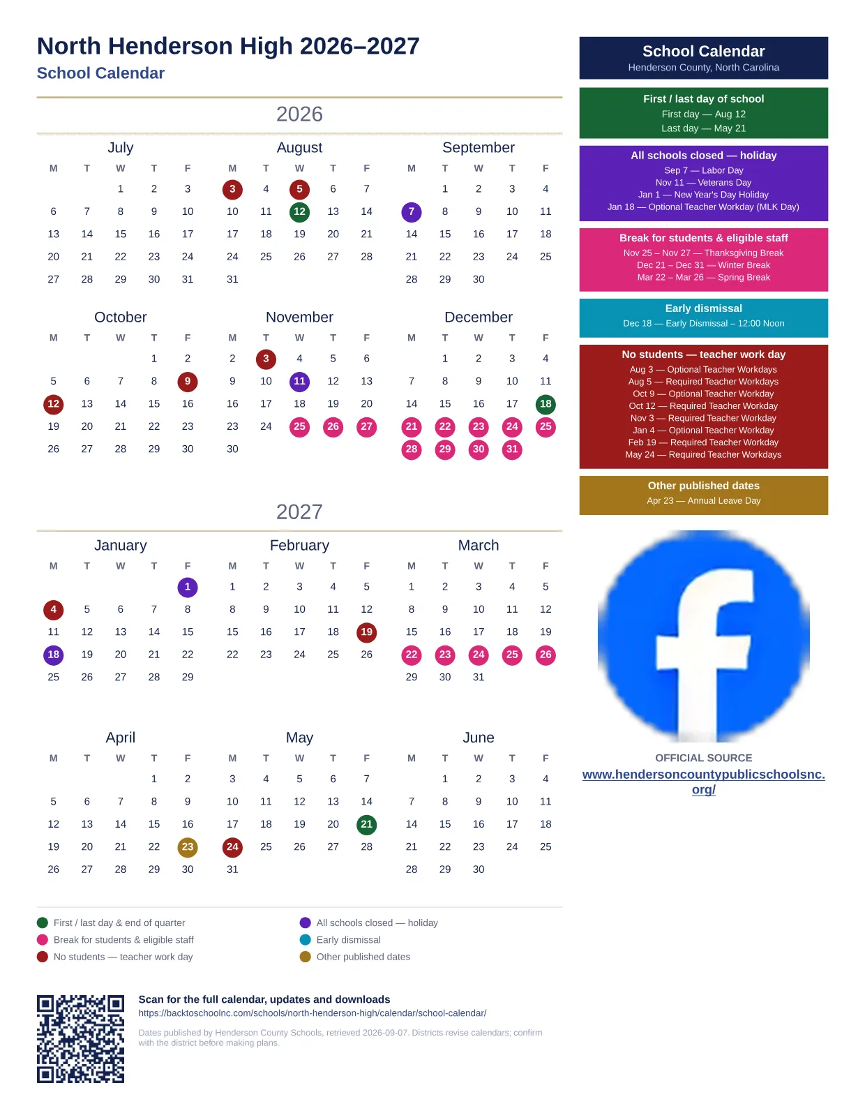 North Henderson High 2026–2027 printable calendar