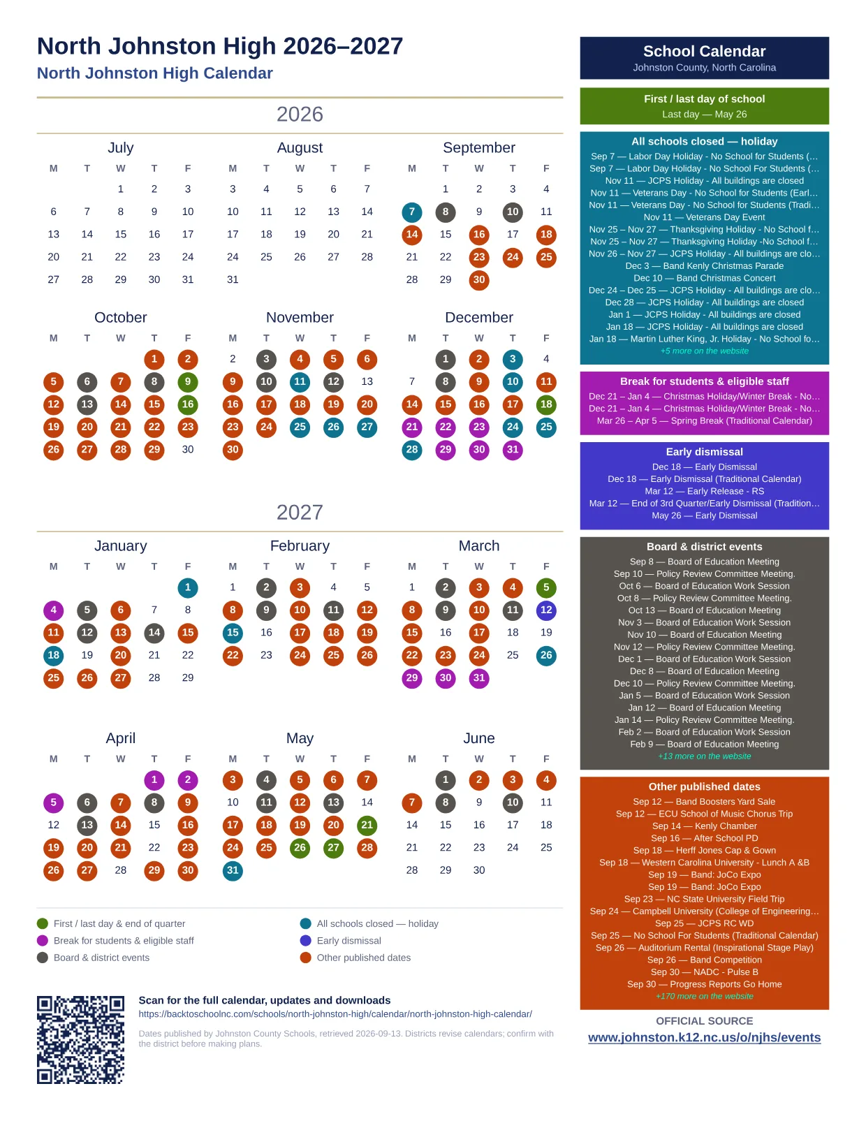 North Johnston High  printable calendar