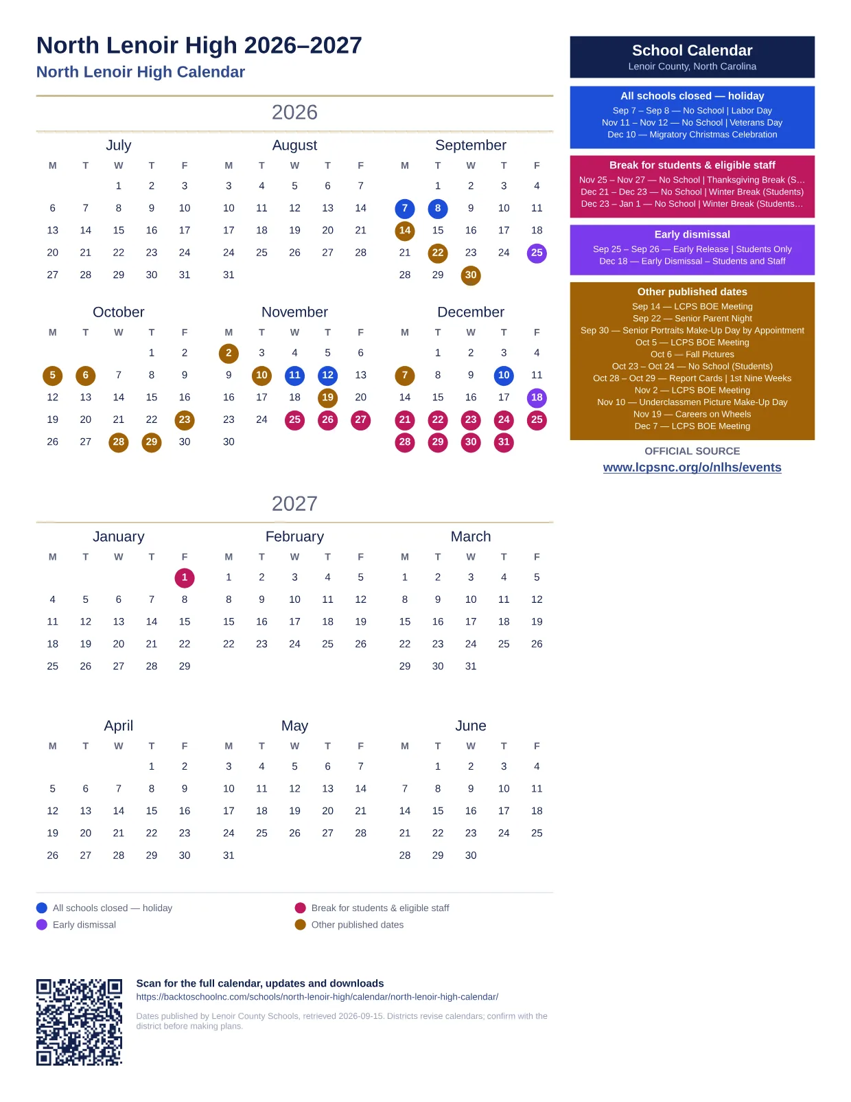 North Lenoir High  printable calendar