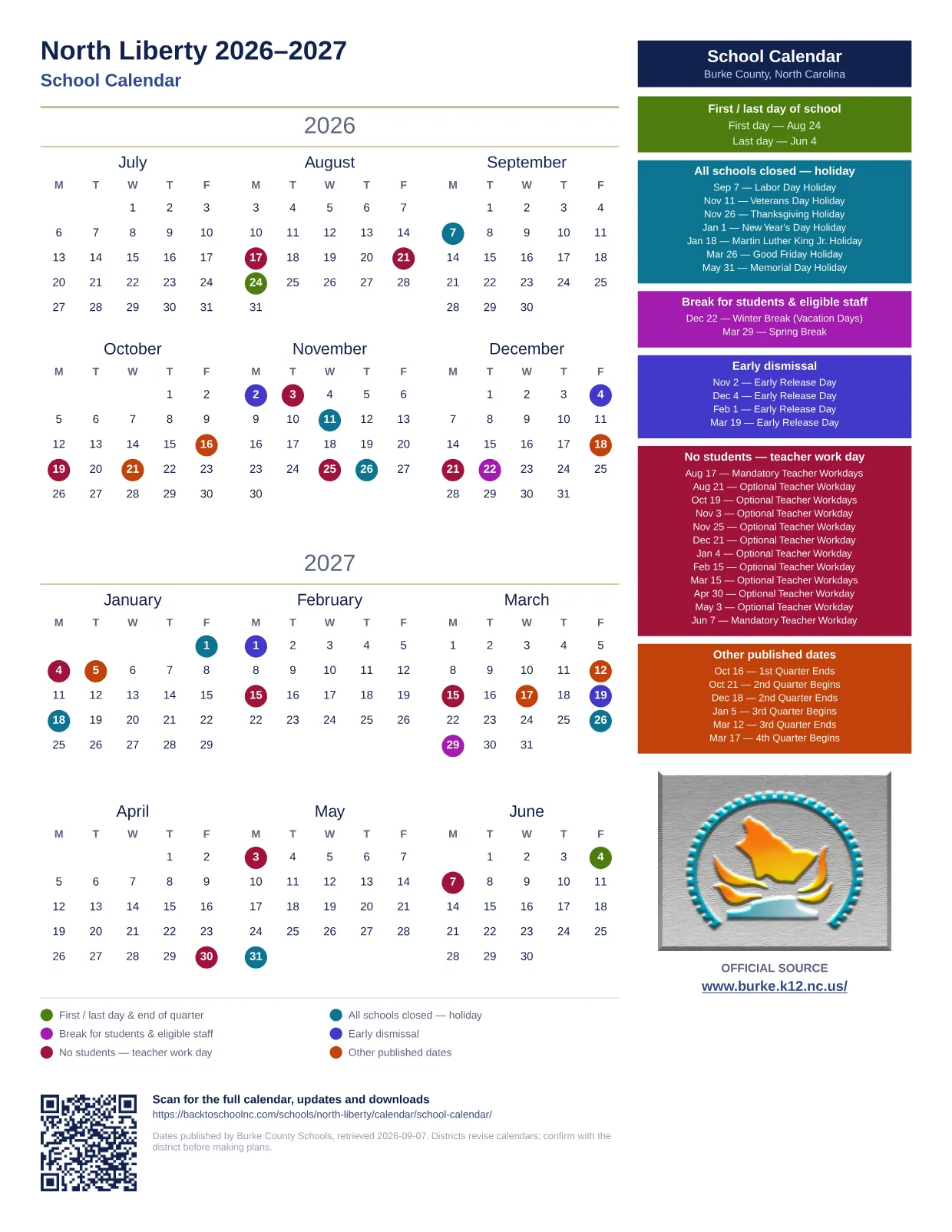 North Liberty 2026–2027 printable calendar