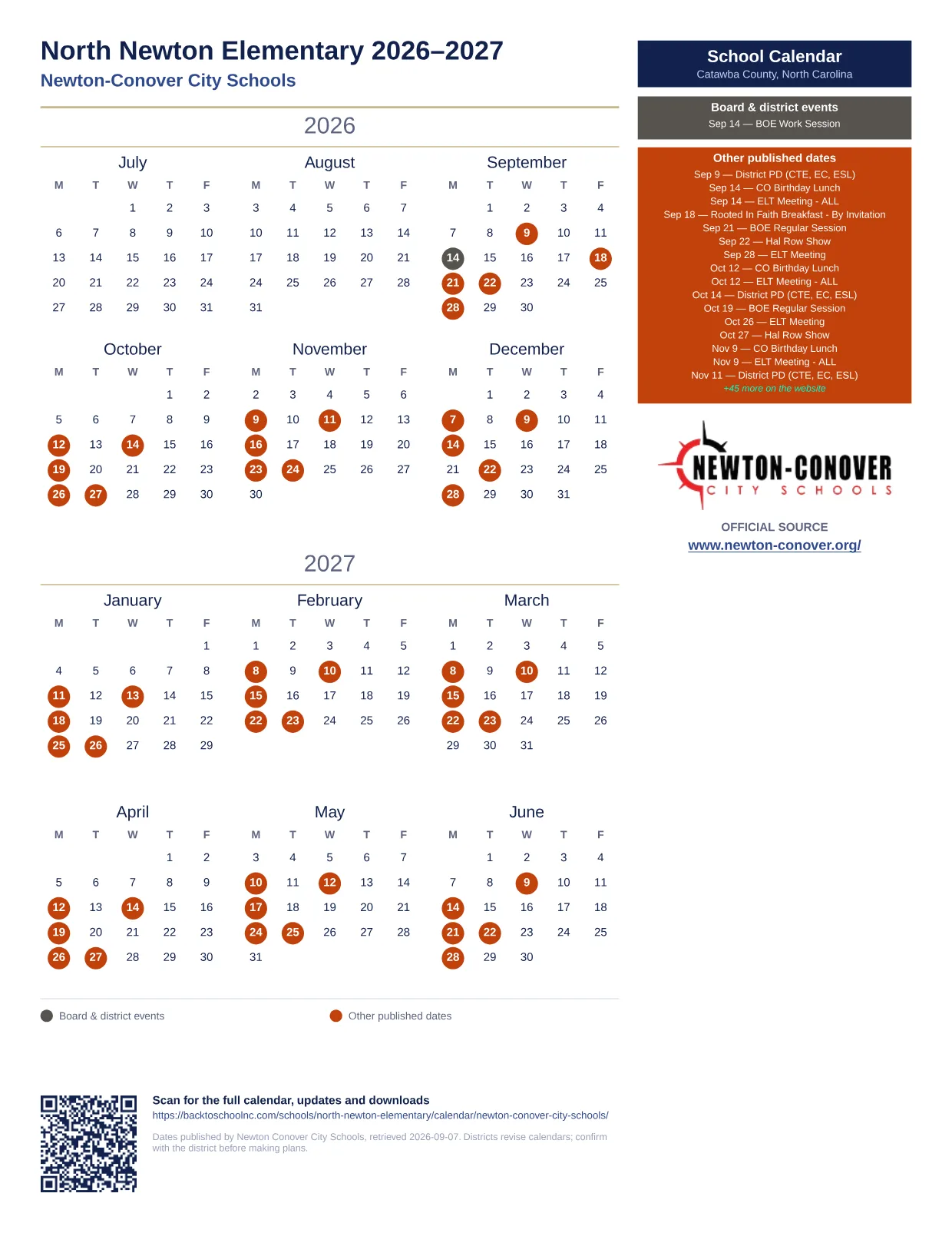 North Newton Elementary printable calendar