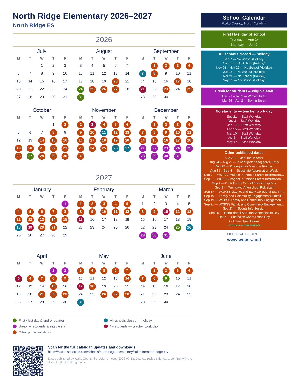 North Ridge Elementary 2026–2027 printable calendar