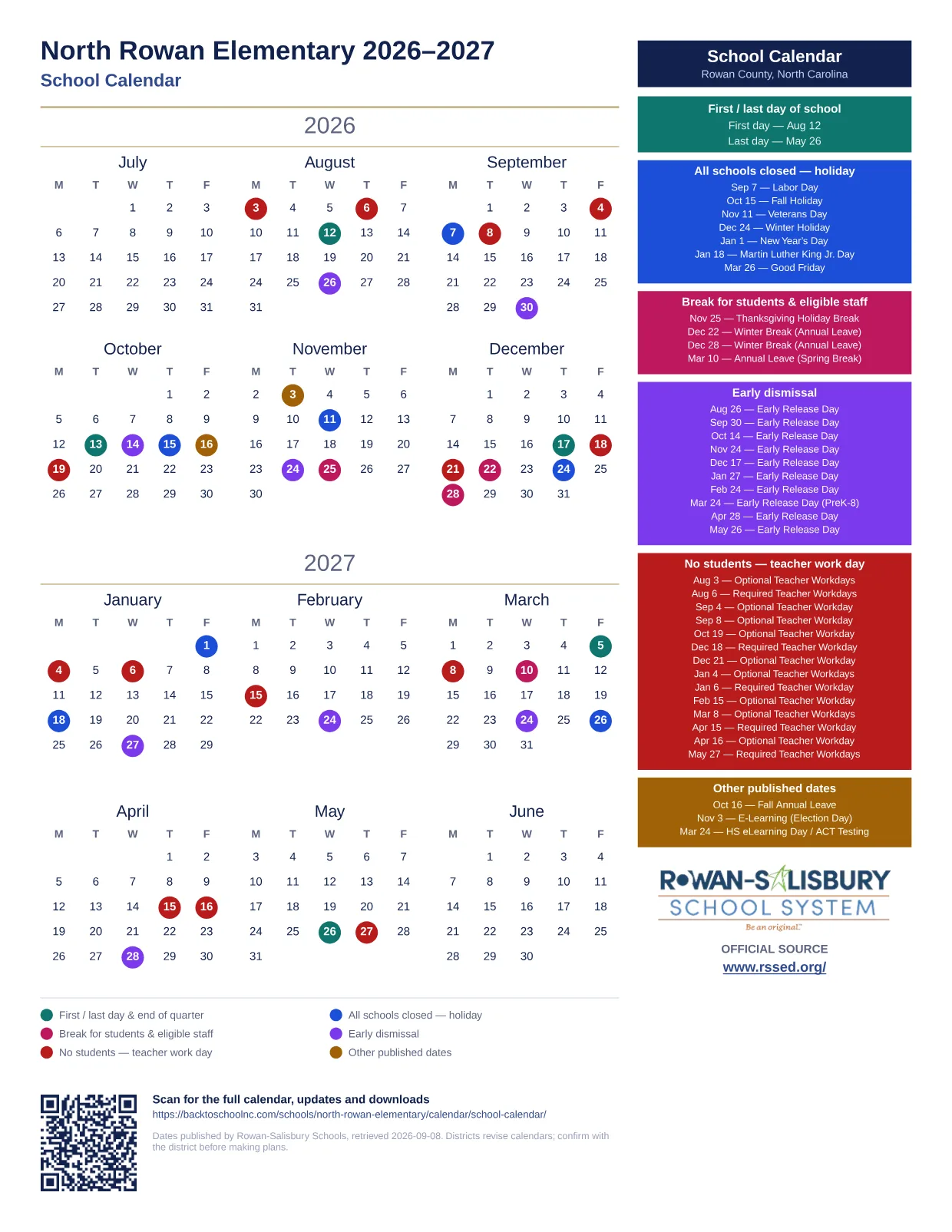 North Rowan Elementary 2026–2027 printable calendar