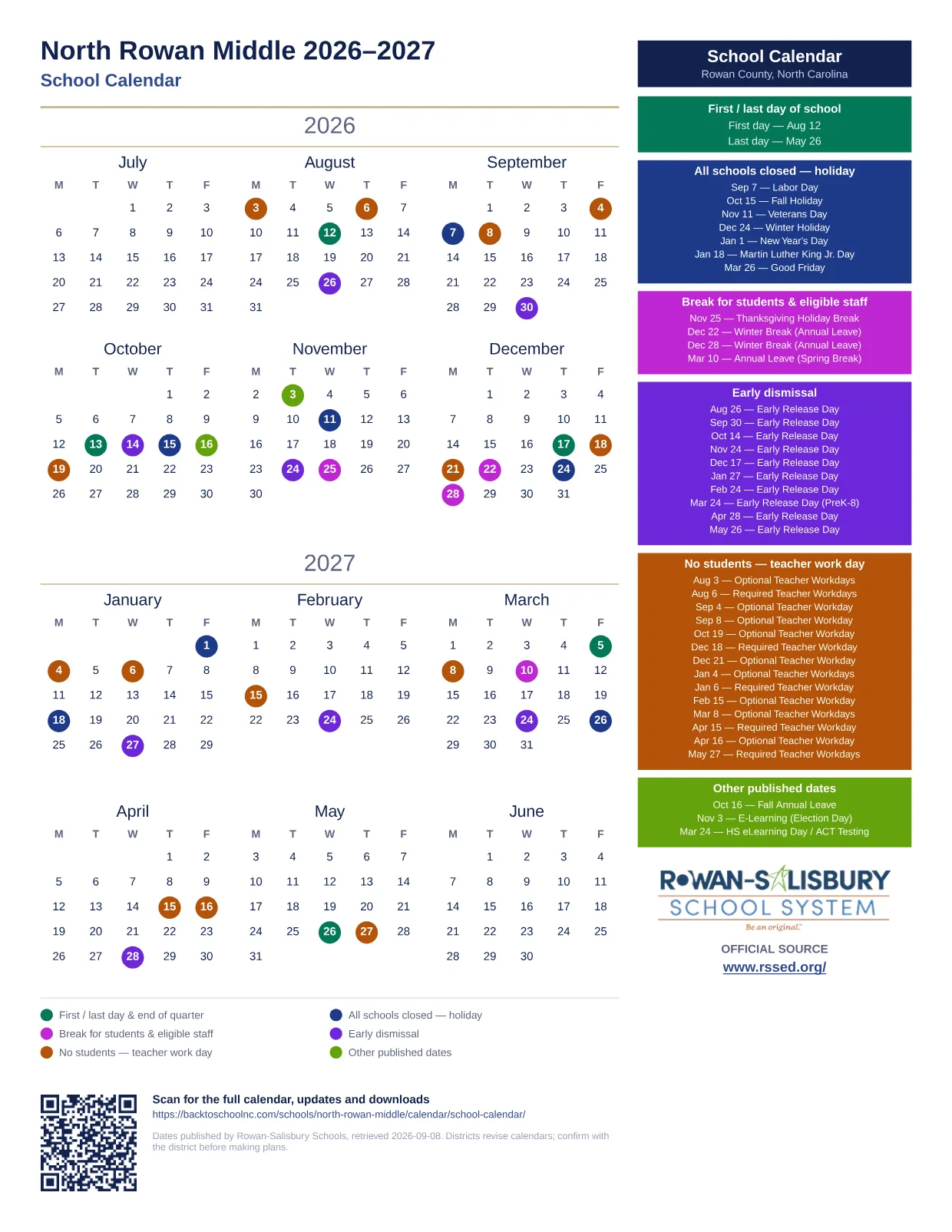 North Rowan Middle 2026–2027 printable calendar