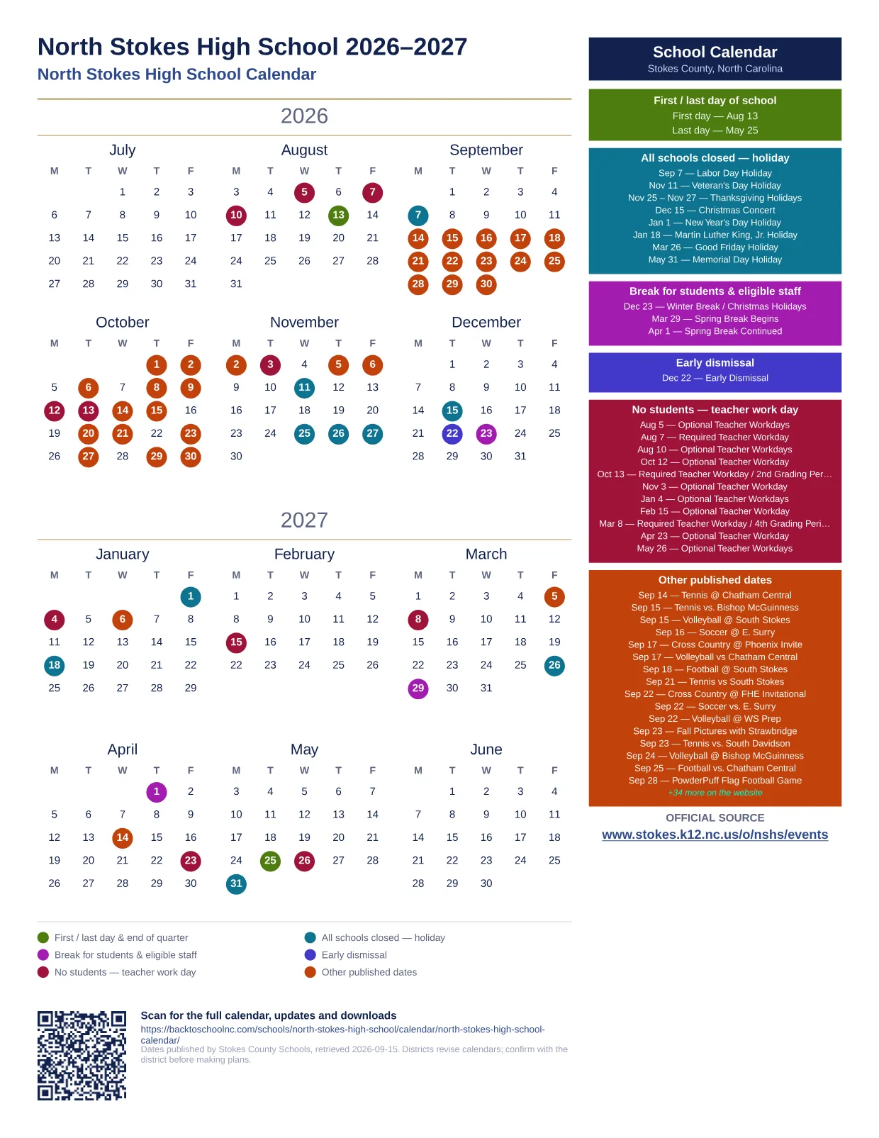 North Stokes High School 2026–2027 printable calendar