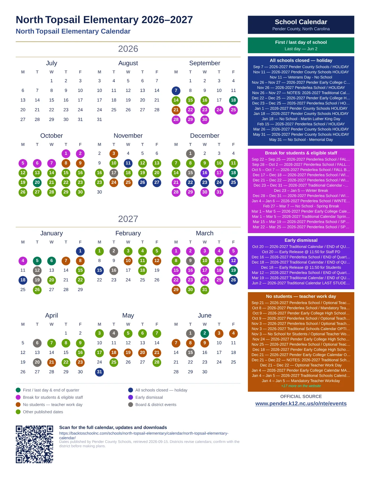 North Topsail Elementary printable calendar